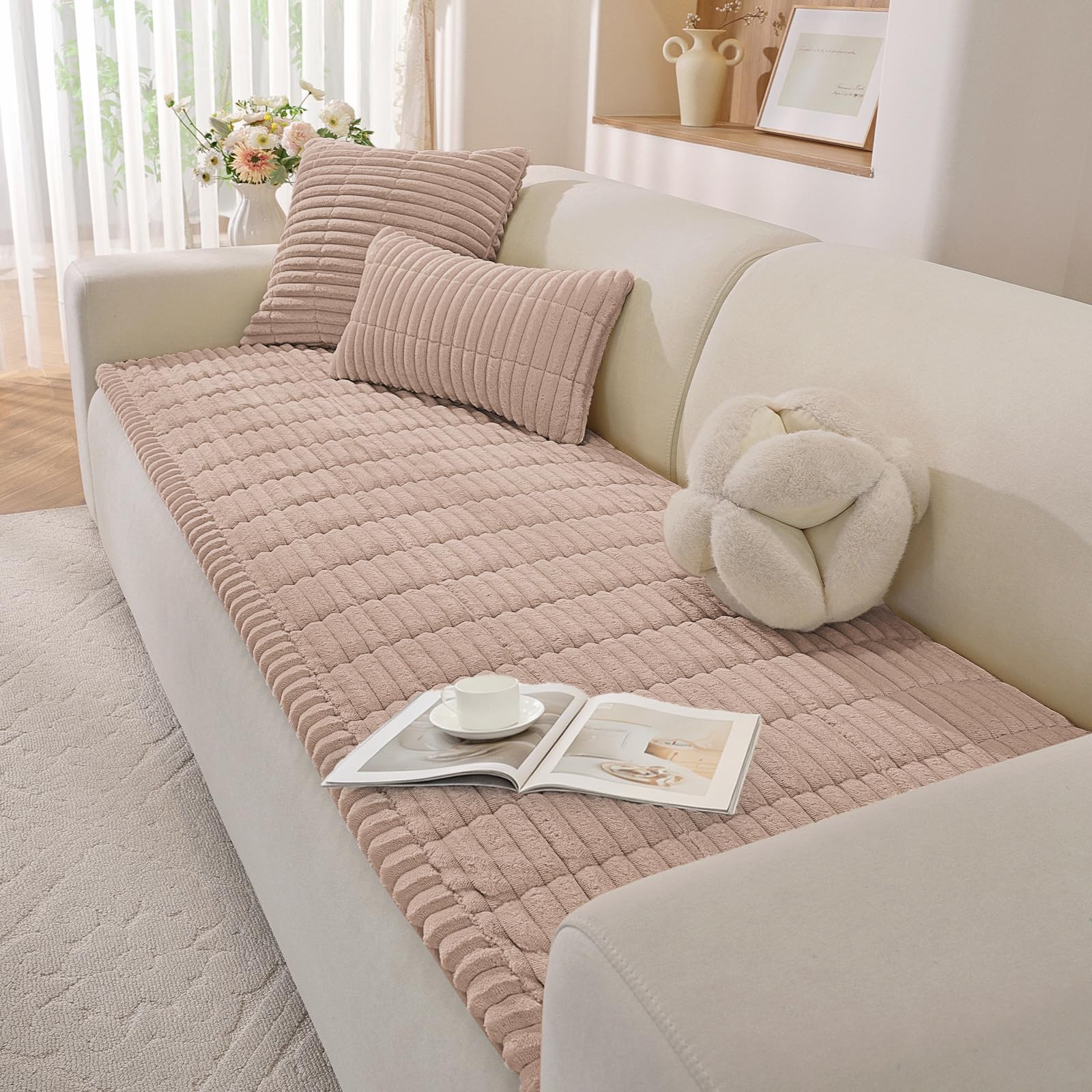 XINEAGE Thick Sofa Covers Washable, Soft Flannel Sofa Cover 2 3 4 Seater, Fuzzy Sofa Slipcovers Non-Slip, Couch Seat Covers Furniture Protctors for Dogs, Pets (70x180cm, Champagne)