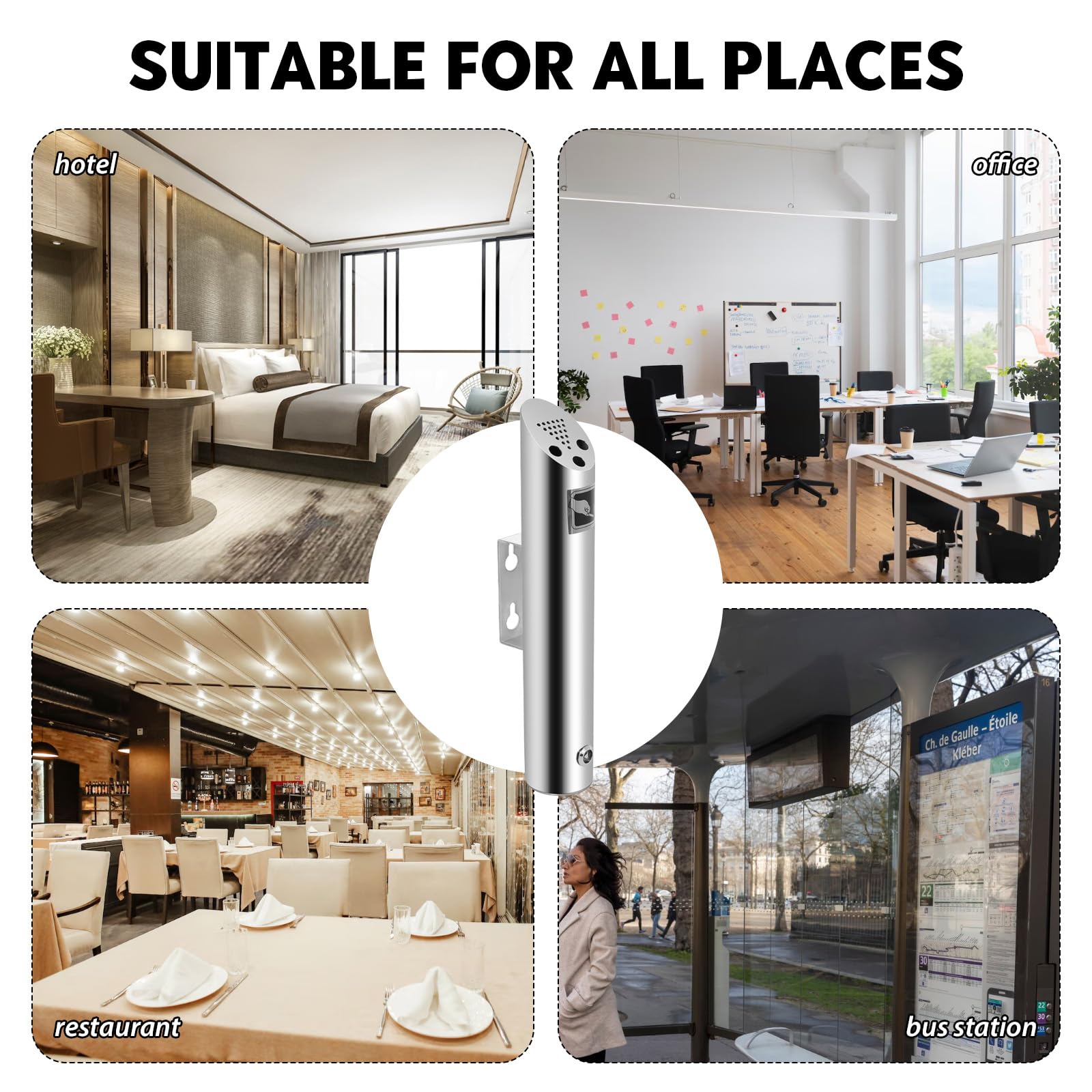 Lot de 2 cendriers pour extérieur - Montage mural - En acier inoxydable - Avec serrure - Pour restaurant, terrasse, hôtel, bureau - 30 cm x 6,3 cm - Argenté