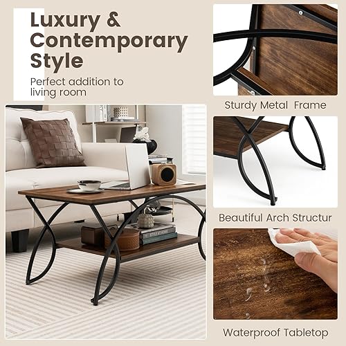 Miniatura 5 de COSTWAY Mesa auxiliar de 2 niveles, moderna mesa decorativa de mármol sintético con almacenamiento y marco de metal acabado dorado, elegante mesa