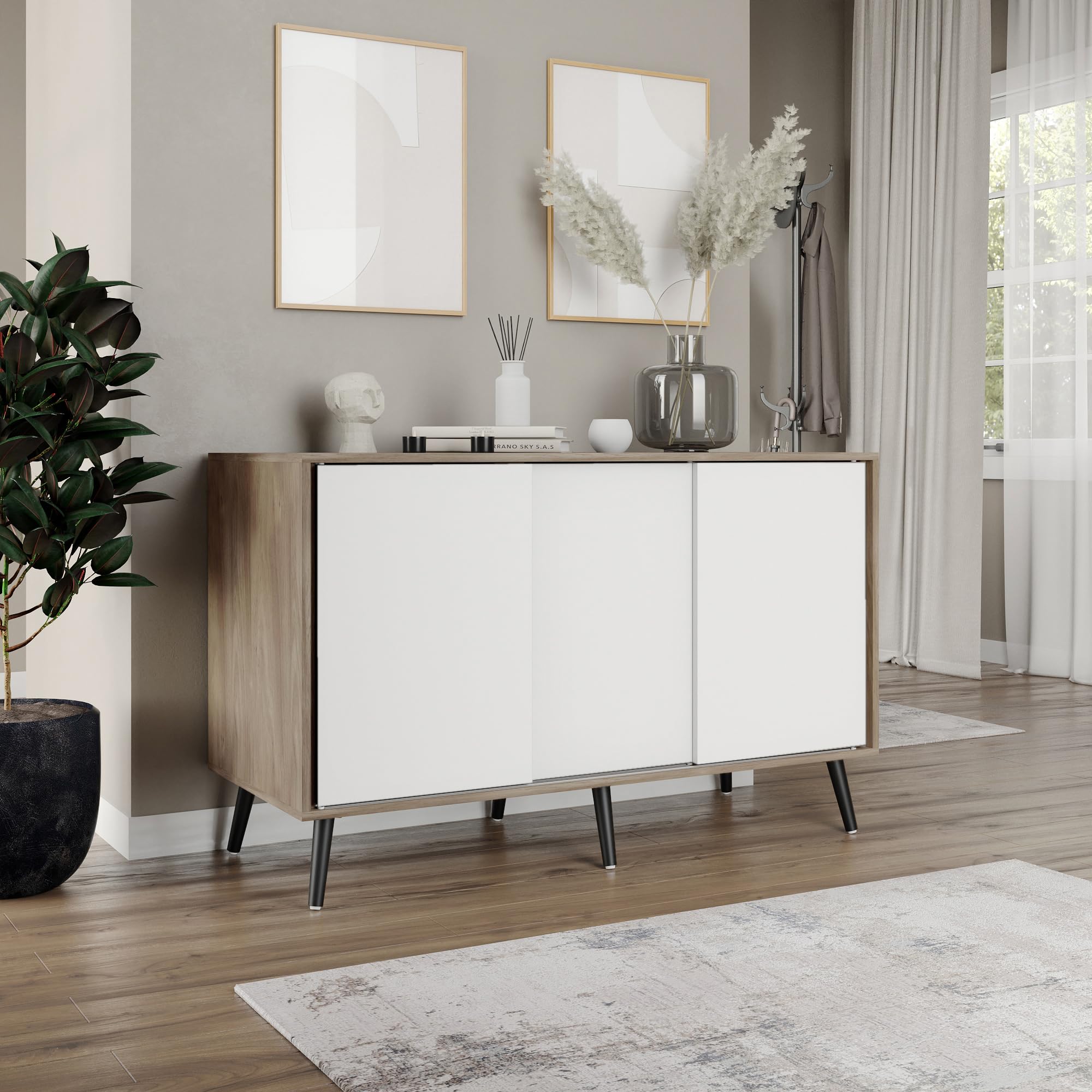 URBNLIVING 3-Door Sliding Sideboard Cabinet with Wooden Legs, Modern Cupboard, Credenza for Living Room, Dining Room or Office, Storage Organizer with Stylish Sliding Doors, Mix & Match Colour Combos