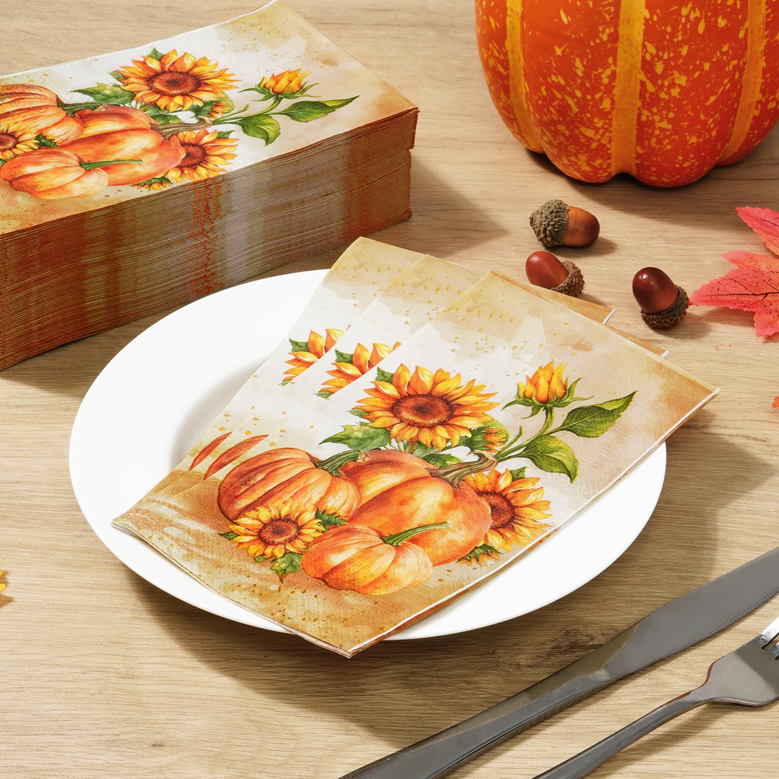 Homlouue 100 servilletas de Acción de Gracias de 3 Capas, servilletas de Papel Desechables de otoño para Cosecha de Acción de Gracias, Fiesta de otoño, Calabaza y Girasol, Toallas de Papel para