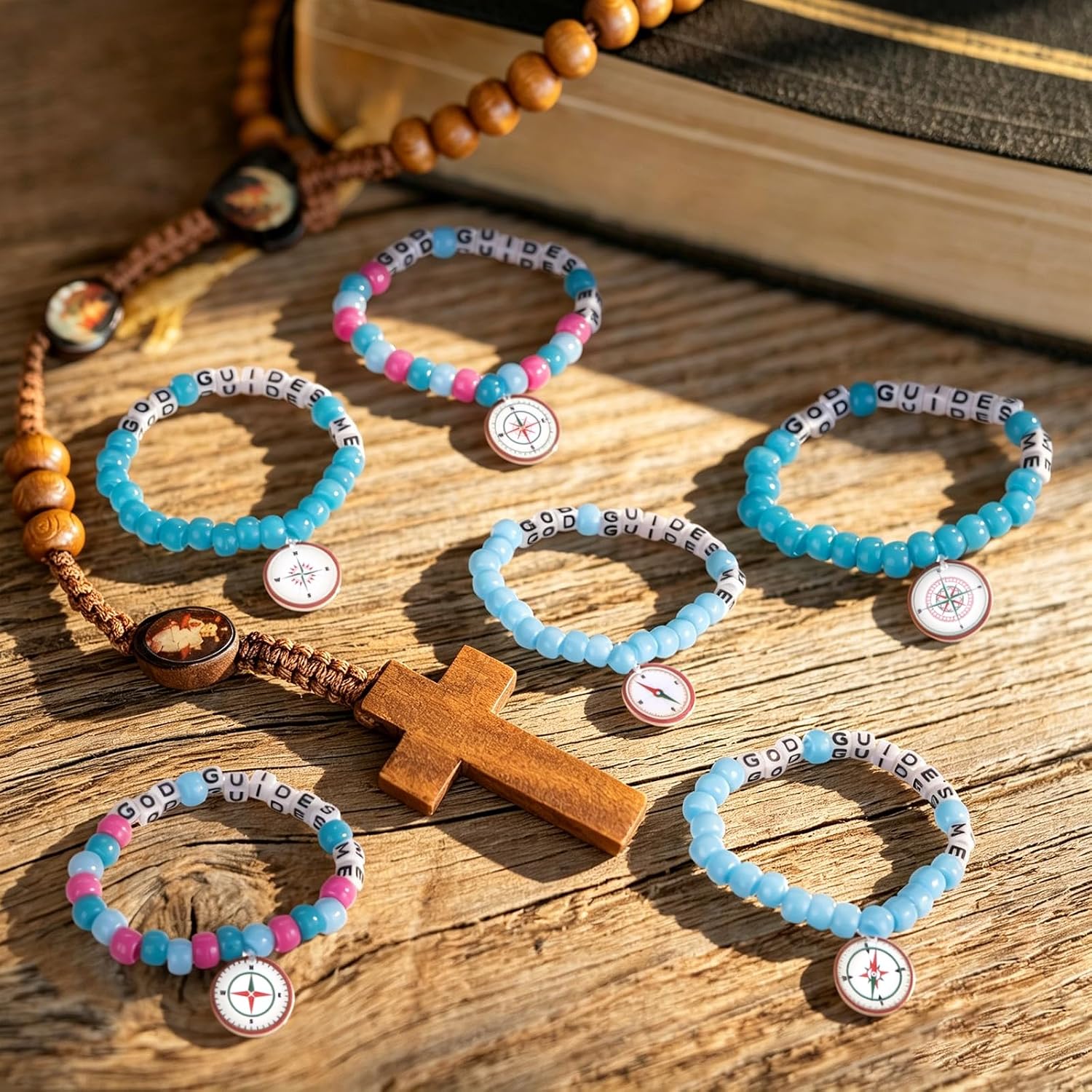 WZSTNBLA 36 Sets Religious Bracelet Craft Kit God Guides Me Christian Faith DIY Bead Bracelets with Compass Charms for VBS Vacation Bible School Sunday School Church Youth Group Christian Gifts