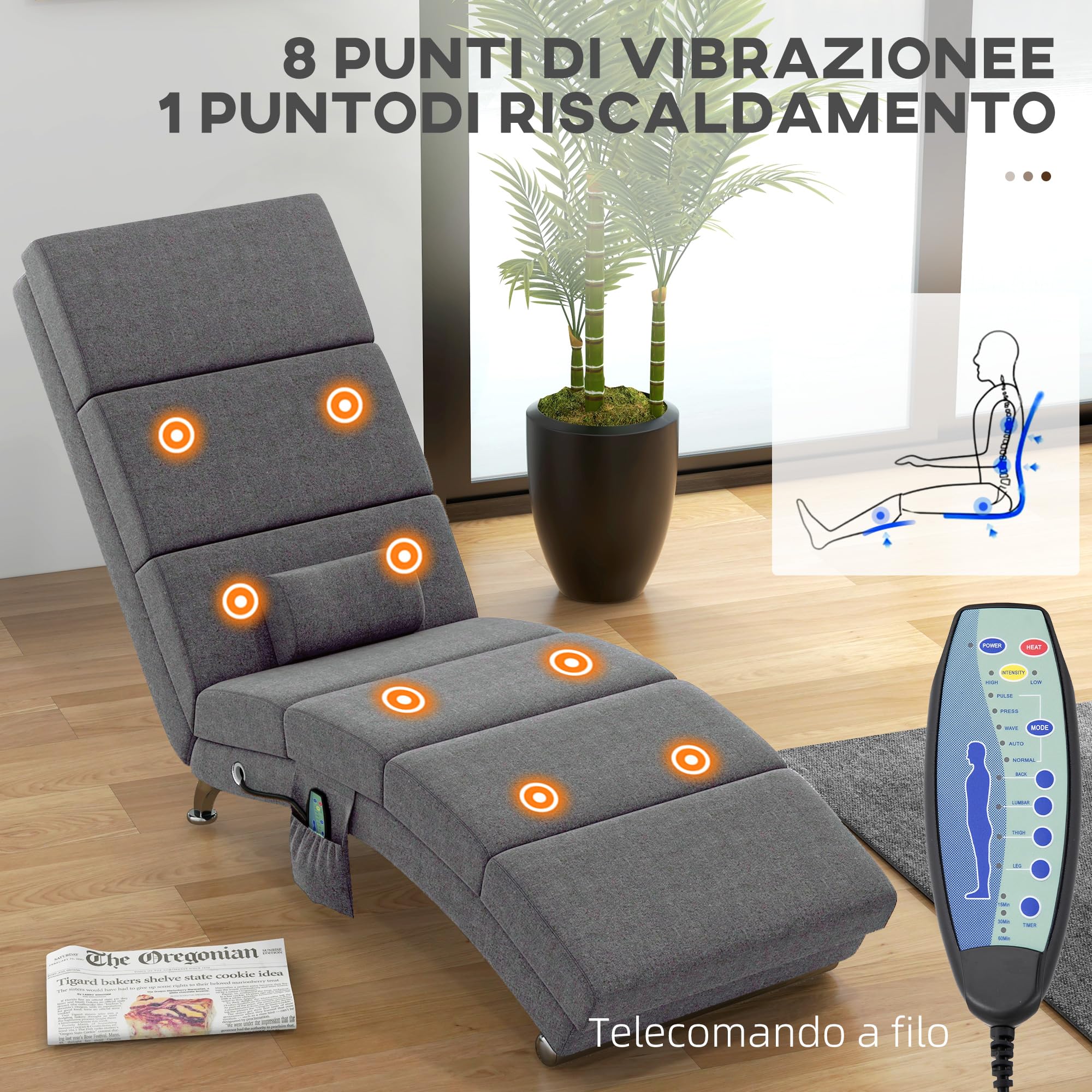 HOMCOM Poltrona Relax Massaggiante con 8 Punti Vibranti e Riscaldamento, 5 Modalità e 3 Timer, Chaise Longue Ergonomica in Tessuto Effetto Lino con Telecomando, Grigio