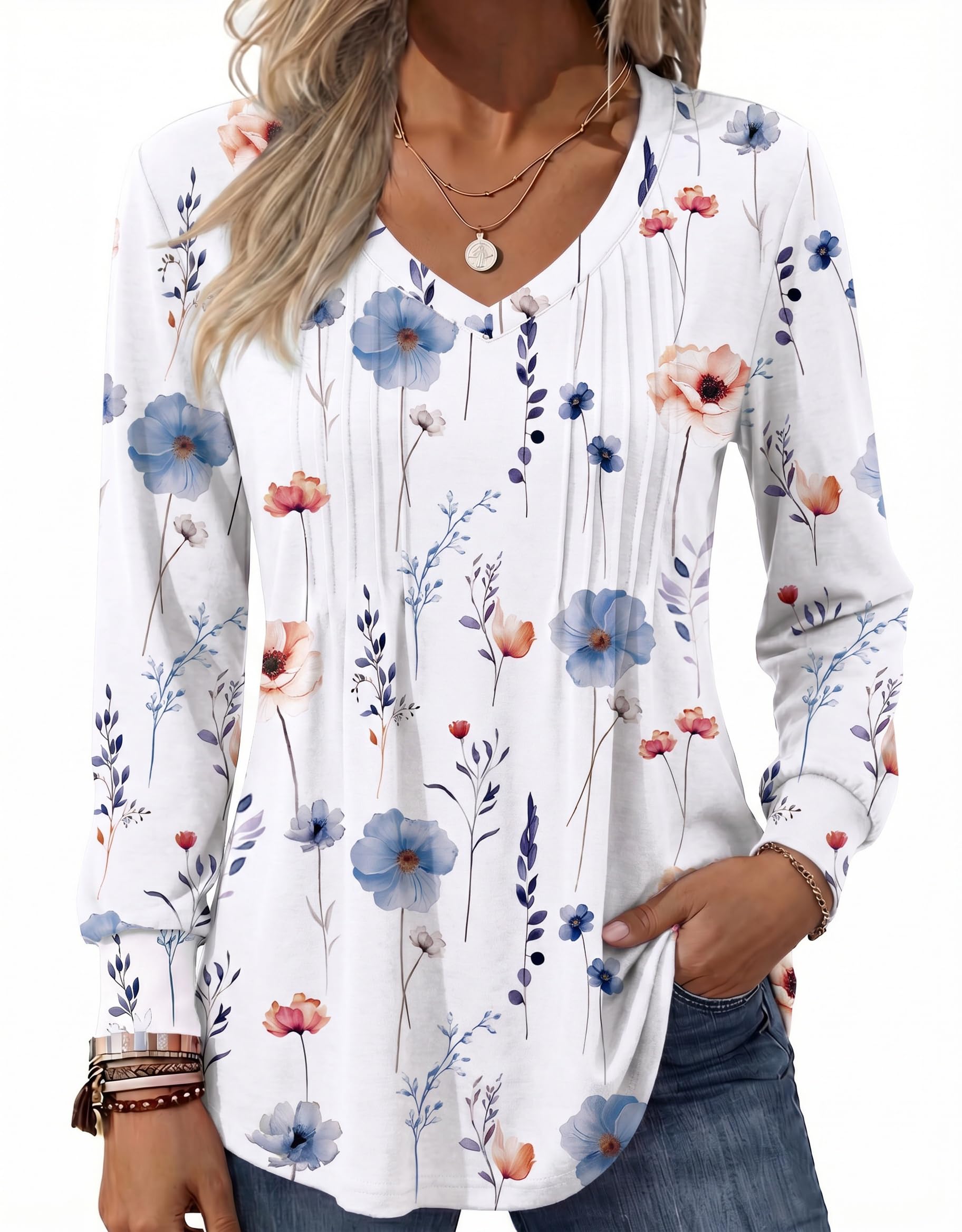 Zeagoo Women's Puff Long Sleeve Shirts Pleated V Neck Fall Tunic Tops Blouse Dressy Casual Summer T-Shirts - 70% off