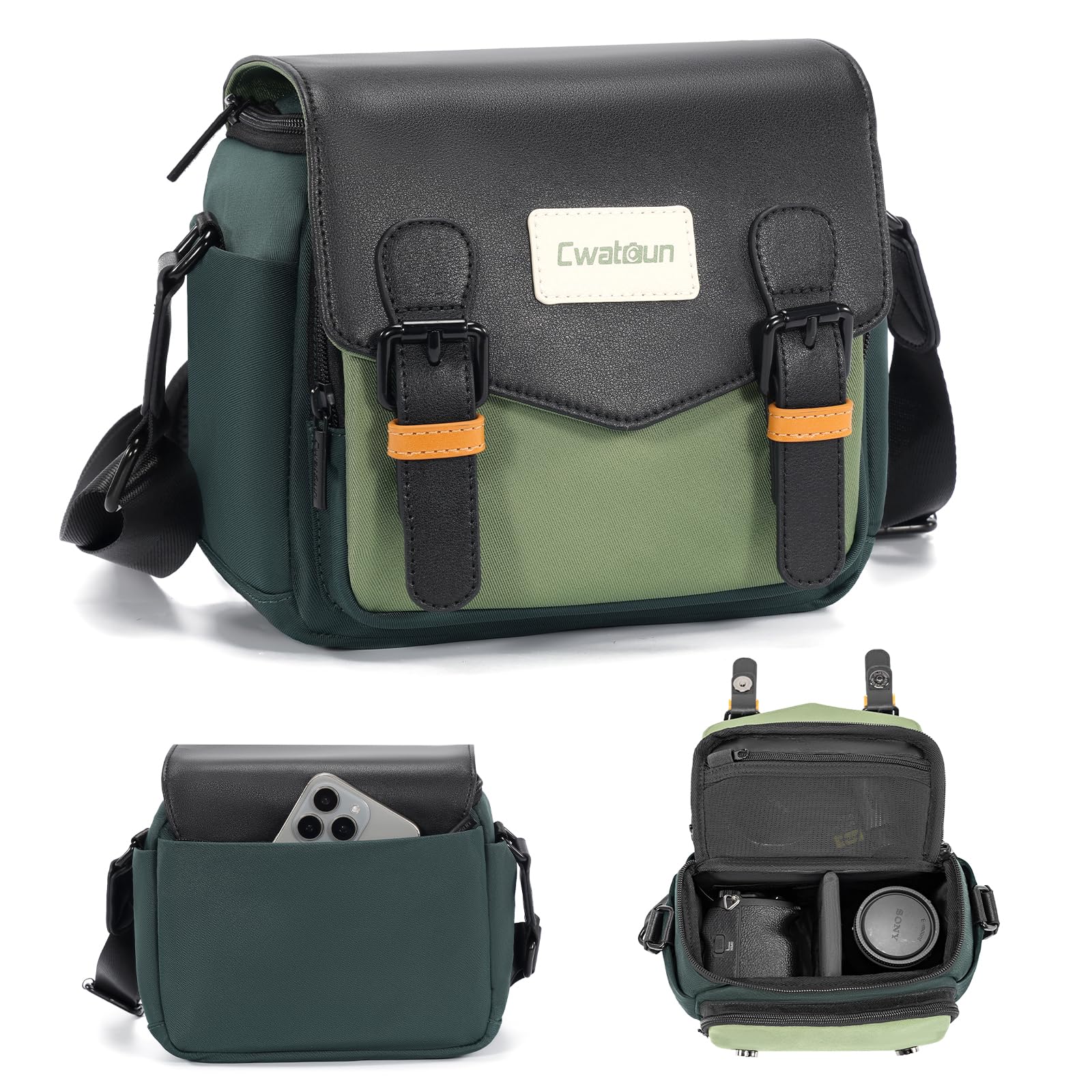 Cwatcun Camera Bag, Waterproof Flap Camera Crossbody Shoulder Messenger Case with Tripod Holder, Travel Photography Bag for Canon, Nikon, Sony, Fuji DSLR/SLR/Mirrorless Camera, Lens - Green, S