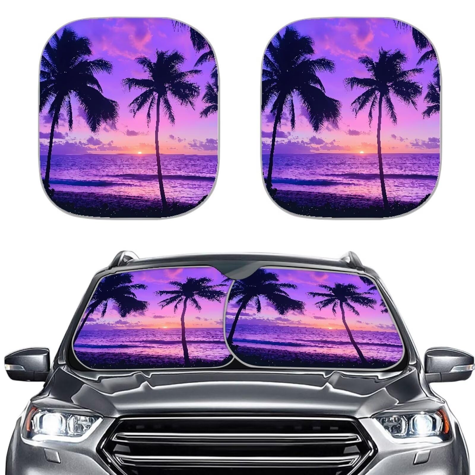 2 Piece Car Windshield Sunshades Purple Palm Tree Front Window Car Sun Shade Blocks UV Rays Sun Visor Protector for Cars Sedan Truck SUV Interior Accessories