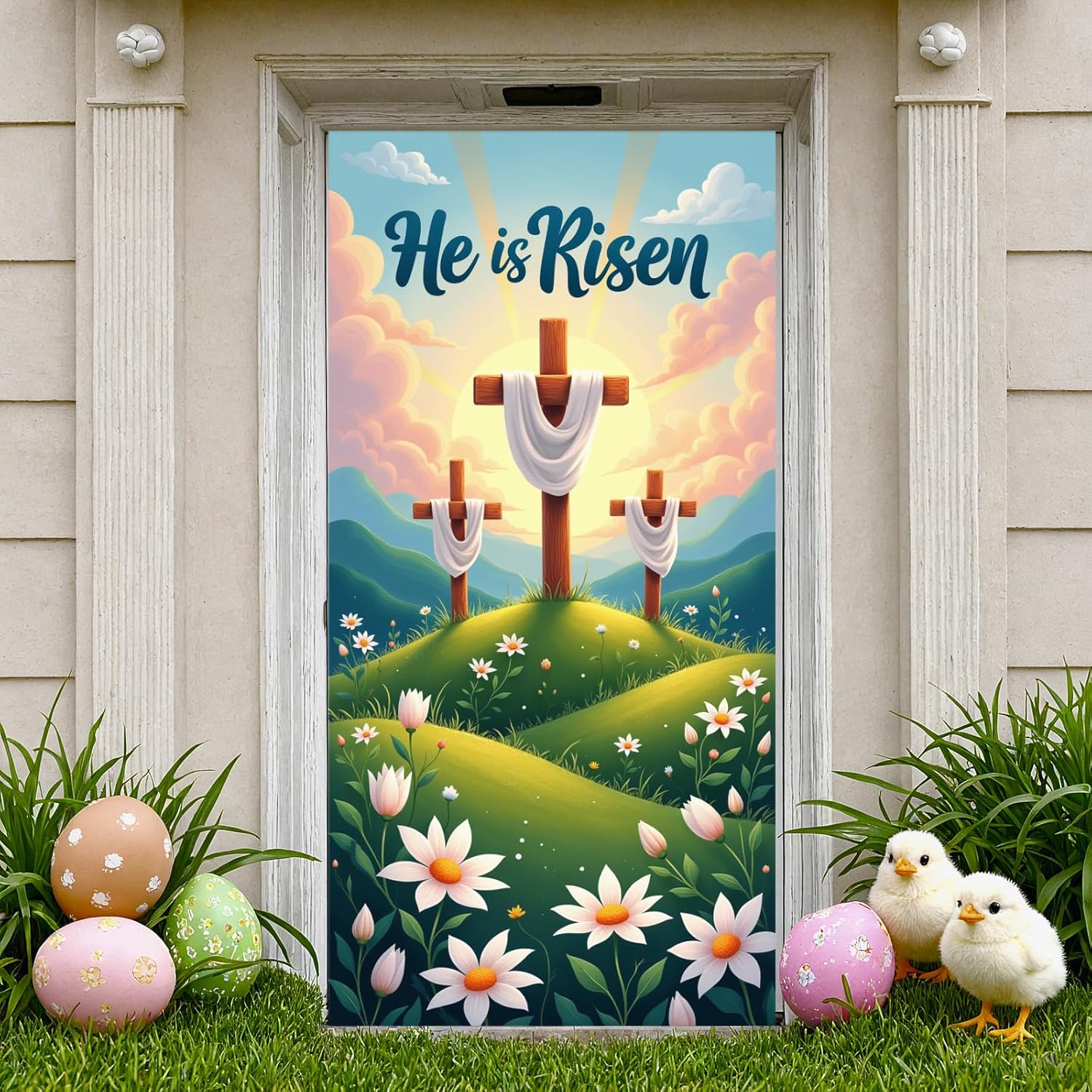 He Is Risen Happy Easter Door Cover Banner Backdrop Easter Jesus Cross Lily Porch Sign Resurrection Background for Easter Celebration Party Supplies Decor Decorations Photography Photo Props Home