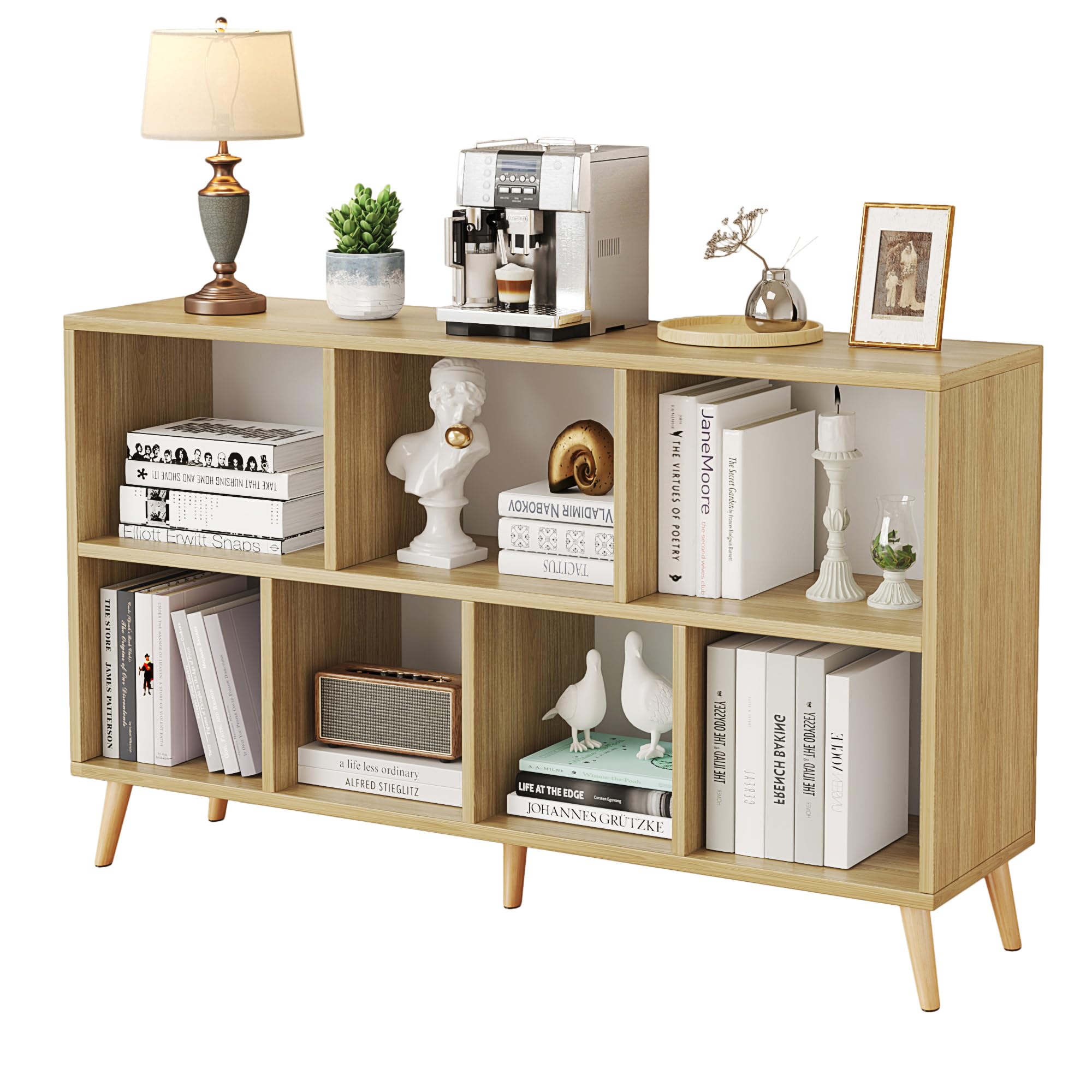 Flrrtenv 7-Cube Bookshelf, 42" Wood Bookcase with Legs, 2 Tier Morden Bookshelves Cube Storage Shelving Unit, Freestanding Open Book Shelves for Bedroom Living Room Office, Natural Oak