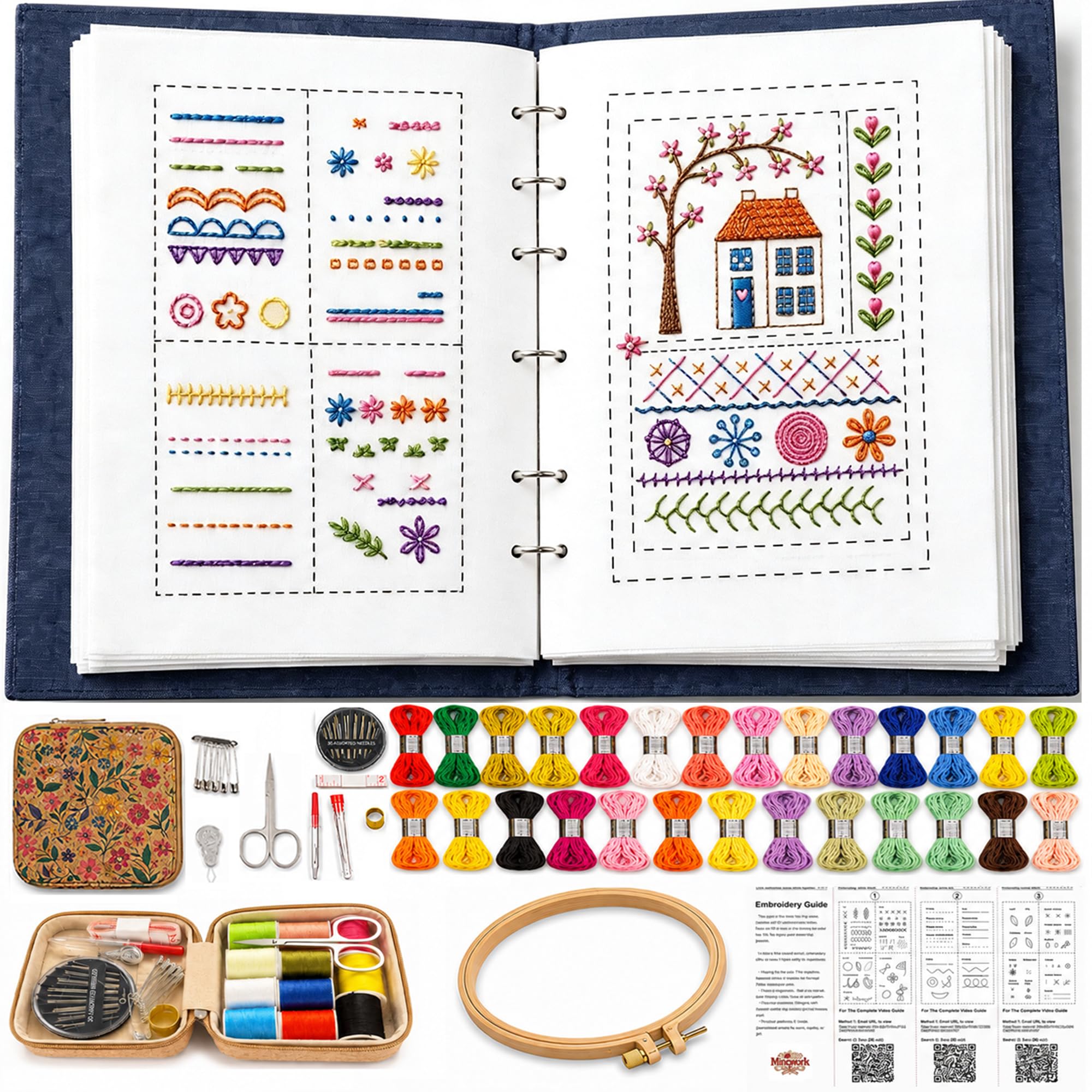 Beginner Embroidery Book Set, Portable Loose-Leaf DIY Embroidery Kit with Linen Fabric, 138 Patterns, Embroidery Hoop & 80-Piece Needle Thread Set, Step-by-Step Video Tutorials, Craft Gift for Adults