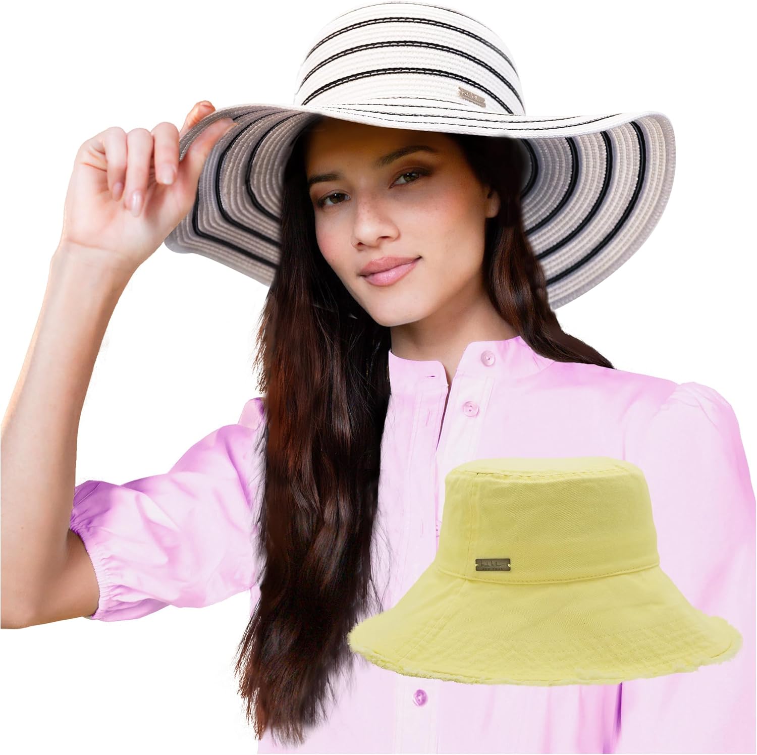 Womens Women Bucket Hat & Straw Sun Hat One Size White/Yellow