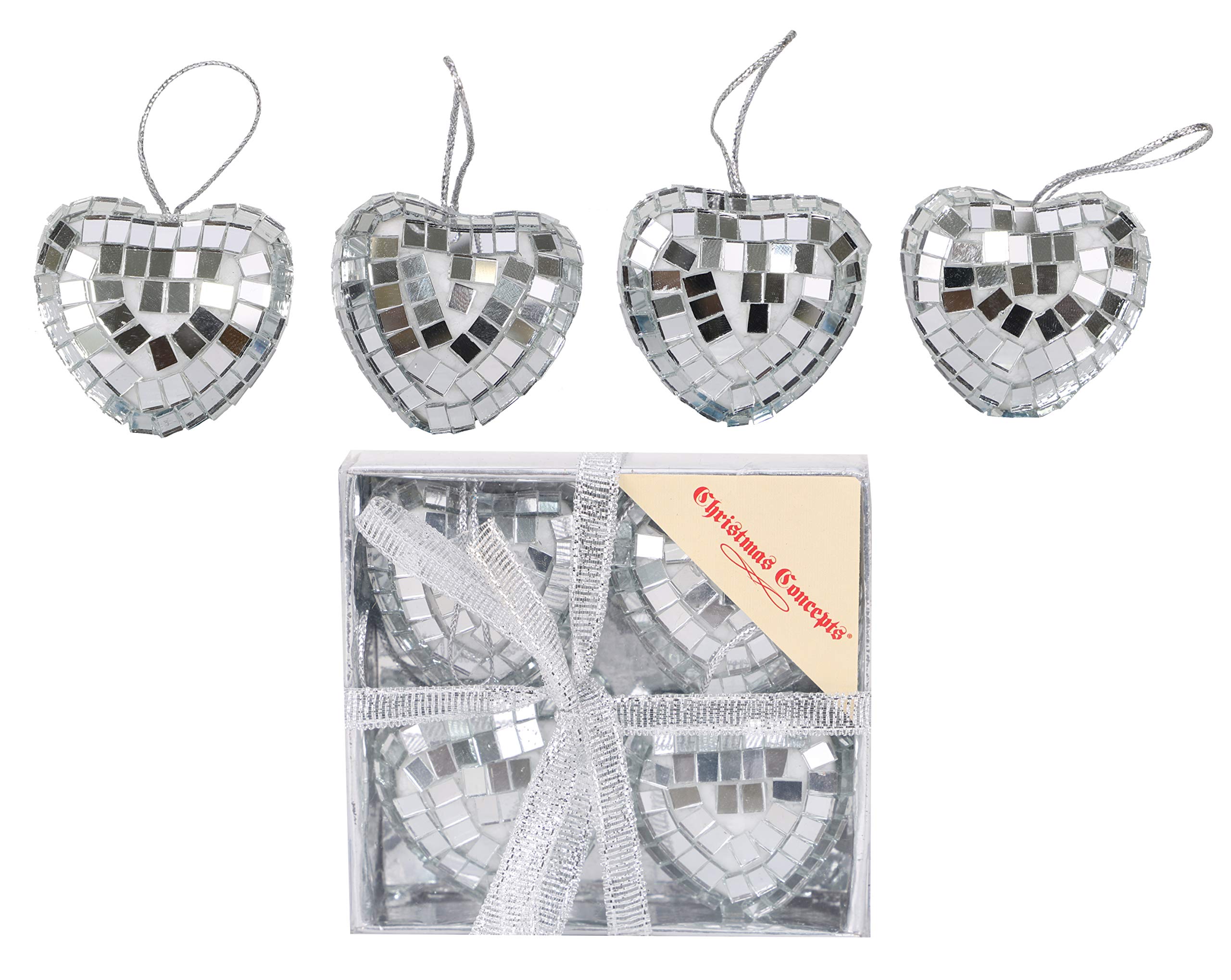 Christmas Concepts® Pack of 4-40mm (1.6") Heart Mirror Baubles - Silver - Christmas Tree Decorations
