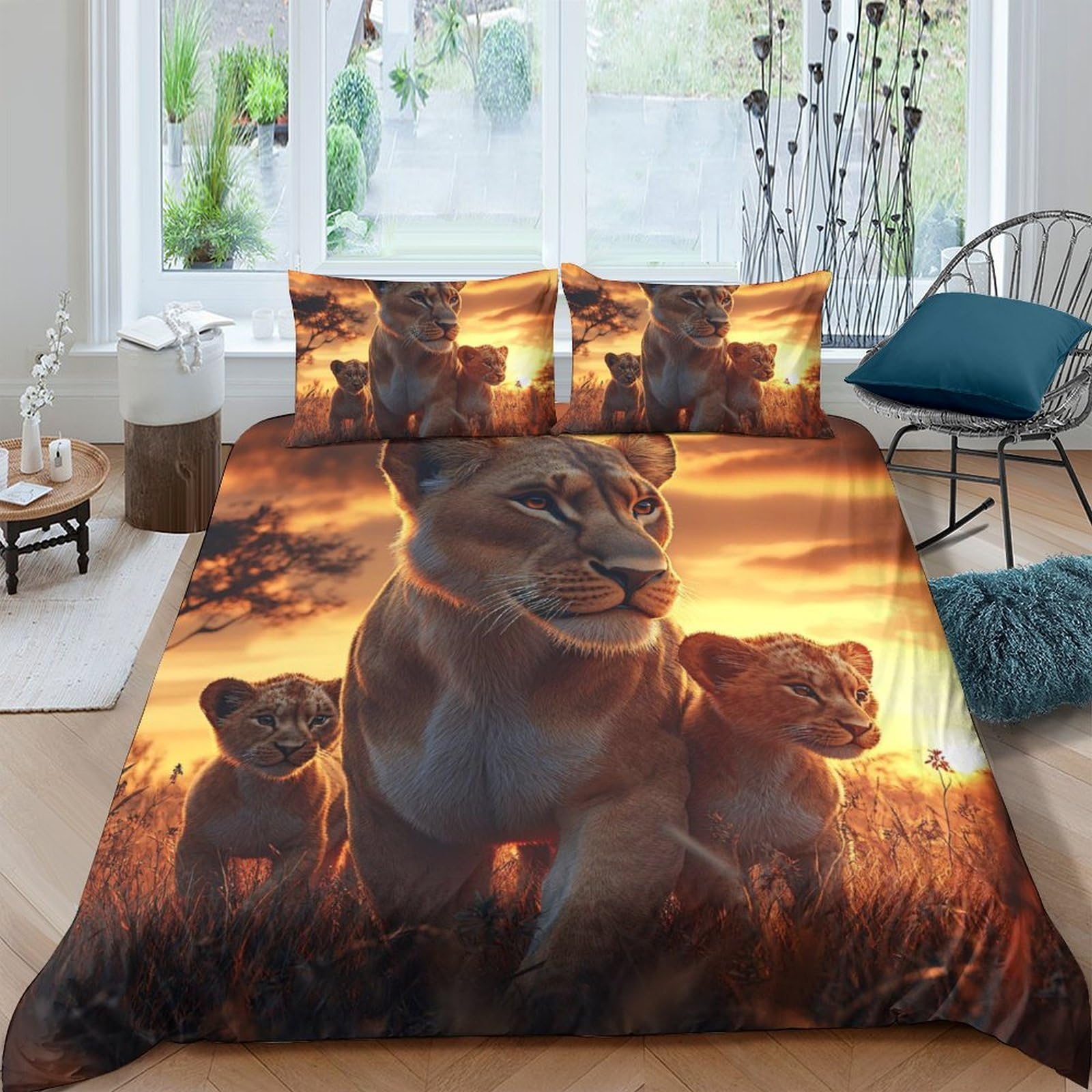 Ctjqhvkz Style-1 3D Printed Sunset Lion Fitted Sheet Microfiber Soft Breathable Wildlife Family Mattress Cover For Bedroom Decor Single（135X200cm）