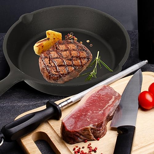 Miniatura 3 de Sartén antiadherente de hierro fundido grueso con mango y tabla de madera, sartén de cocina para el hogar para huevos, panqueques, pizza y carne,