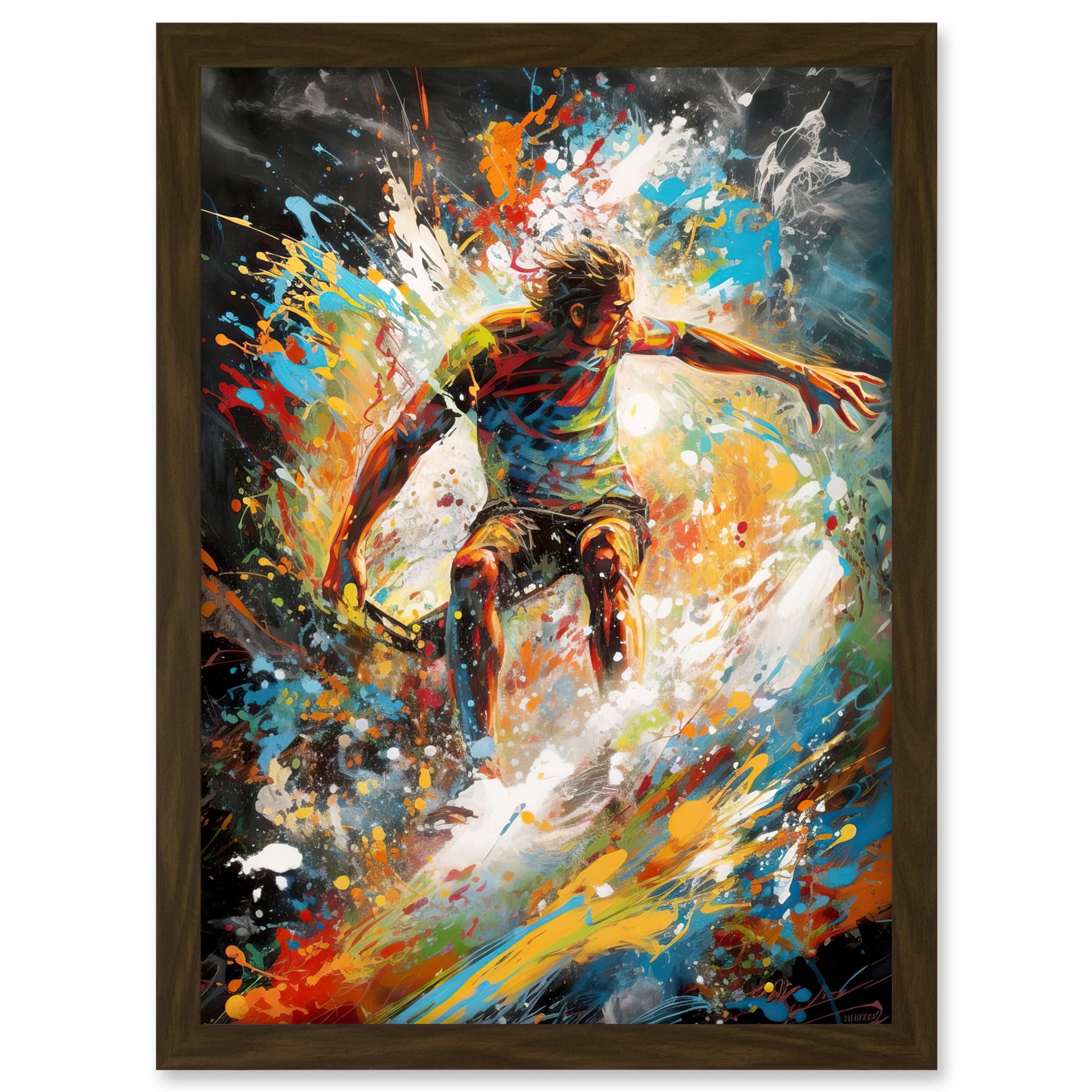 Artery8 Surfer Surfing on Crashing Waves Splatter Paint Artwork Framed A3 Wall Art Print