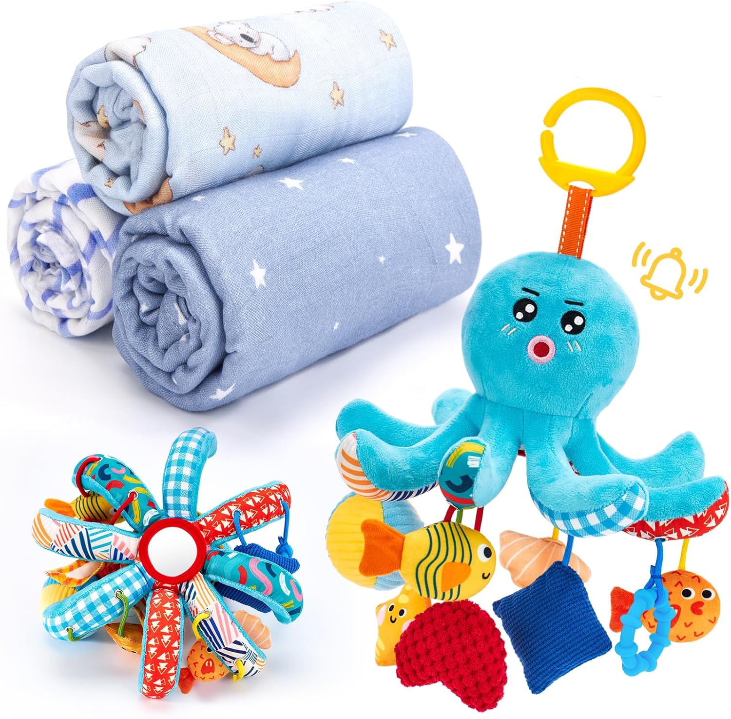 hahaland Hanging Toy for Newborn Baby and Bamboo Swaddle Blankets - Baby Boy Gifts Essentials