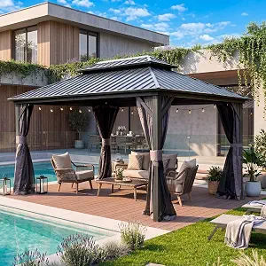 Domi 12' x 14' Hardtop Metal Gazebo with Double Roof, Curtains, and Netting - Grey