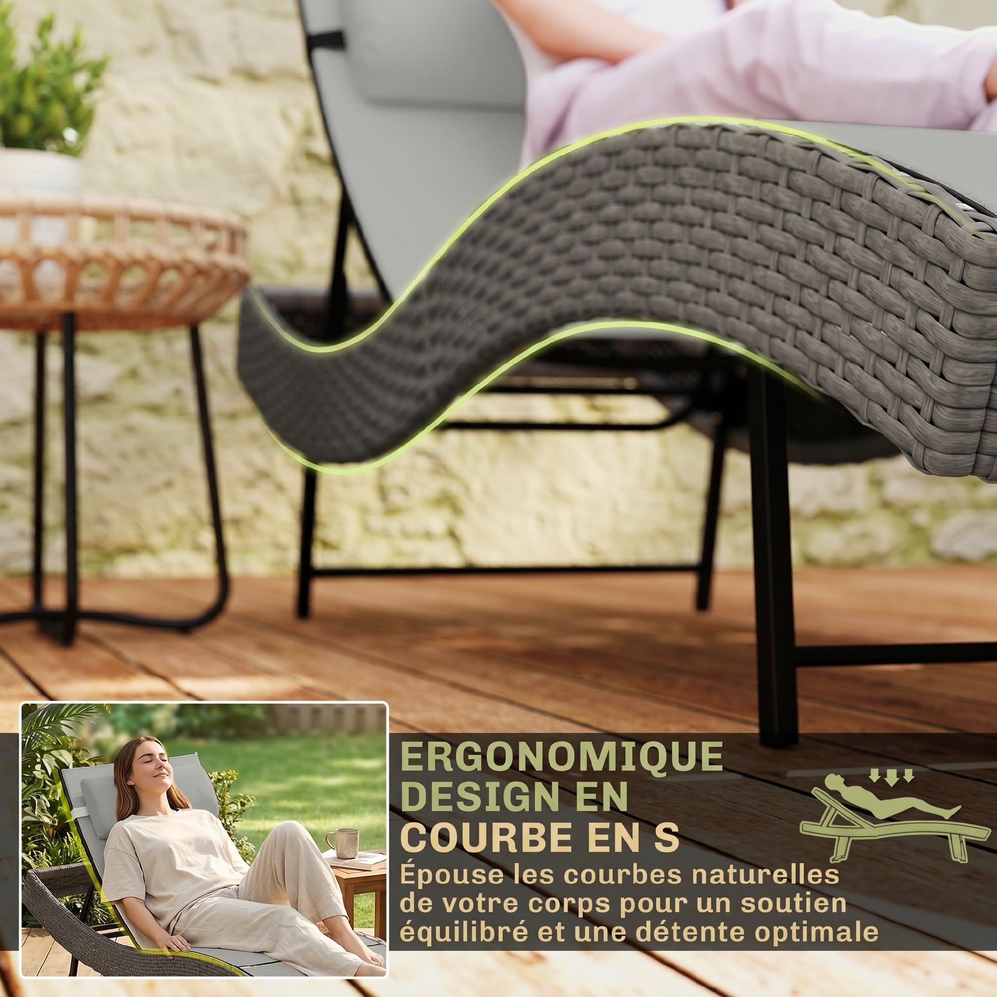 Outsunny Chaise Longue en Résine Tressé Bain de Soleil Jardin Gris Clair