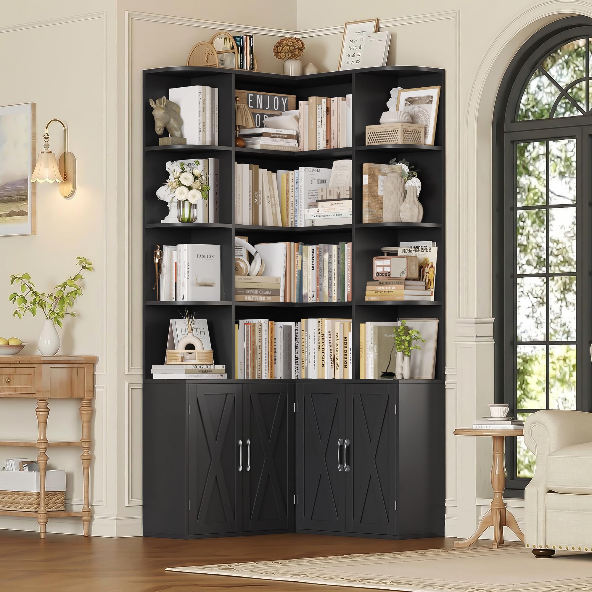FirFurd 187cm Estantería Esquina, 4 Puertas 12 Compartimientos Negro | Estantería Libros de 5 Niveles alta Estantería Esquina, Grande Mueble Almacenaje para Salón, Oficina, Estudio 187Al.x80x80cm