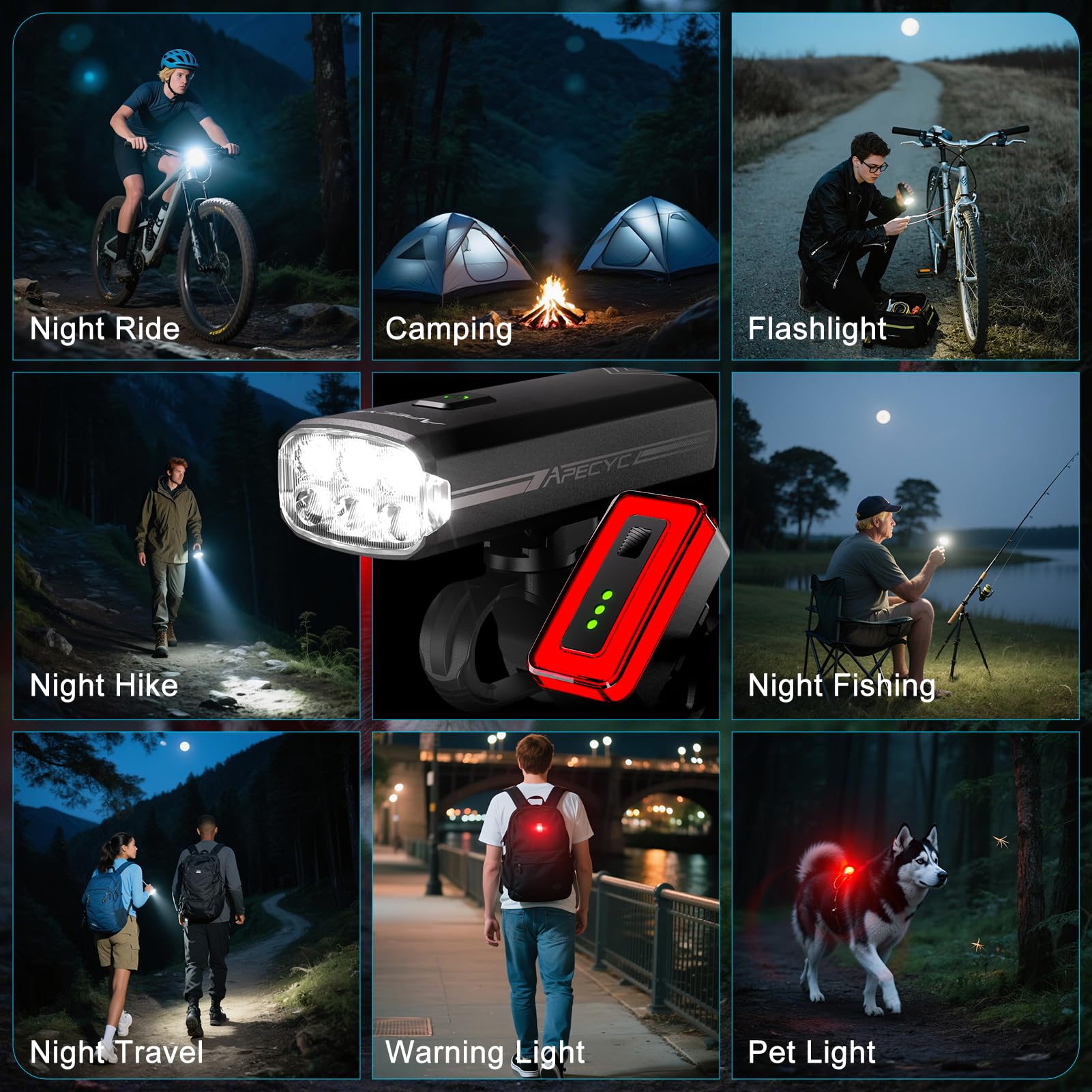 APECYC Luci per bici super luminose per guida notturna, 2000 lm, luci LED per bicicletta compatibili con Garmin/GoPro, luci per bici ricaricabili USB-C anteriori e posteriori, per bici da strada