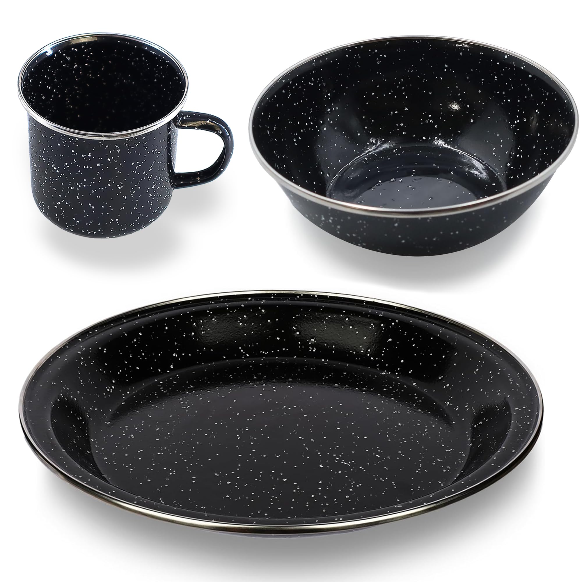 Navoys Enamel Camping Mug, Bowl and Plate - Black, Heat Resistant, Ideal Accessory for Camping, Picnic, Hiking, Fishing (1 Mug, Bowl & Plate)