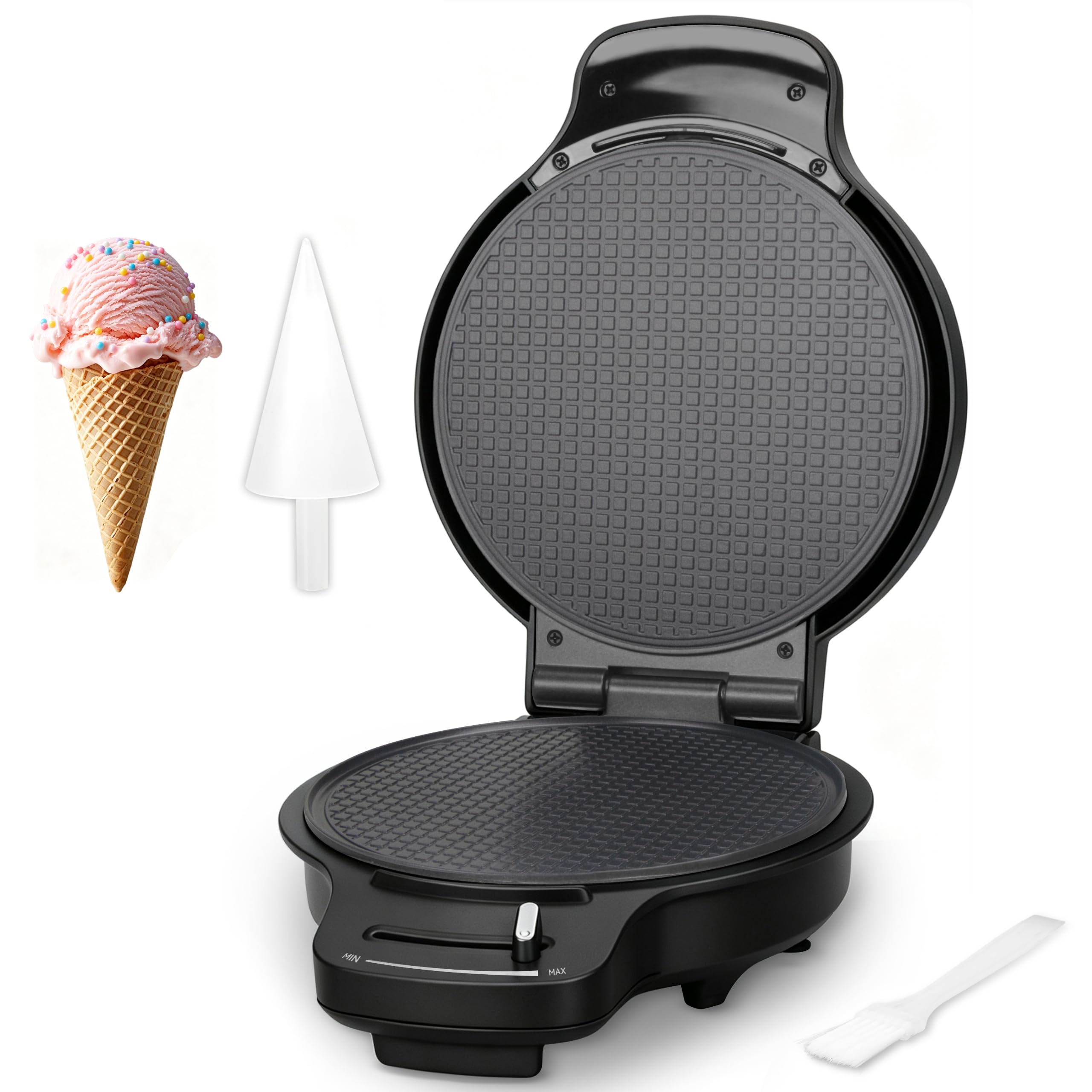 Baker's Friend Máquina Gofres Conos Helado, Control Tostado, Gofrera 7,5" Fina Antiadherente, Gofres Crujientes, Rodillo Conos, Color Grafito