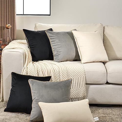 Miniatura 5 de Aeckself Paquete de 2 fundas de almohada lumbar de terciopelo negro puro, modernas, de lujo, decorativas, con borde dorado, cómoda, suave y sólida,