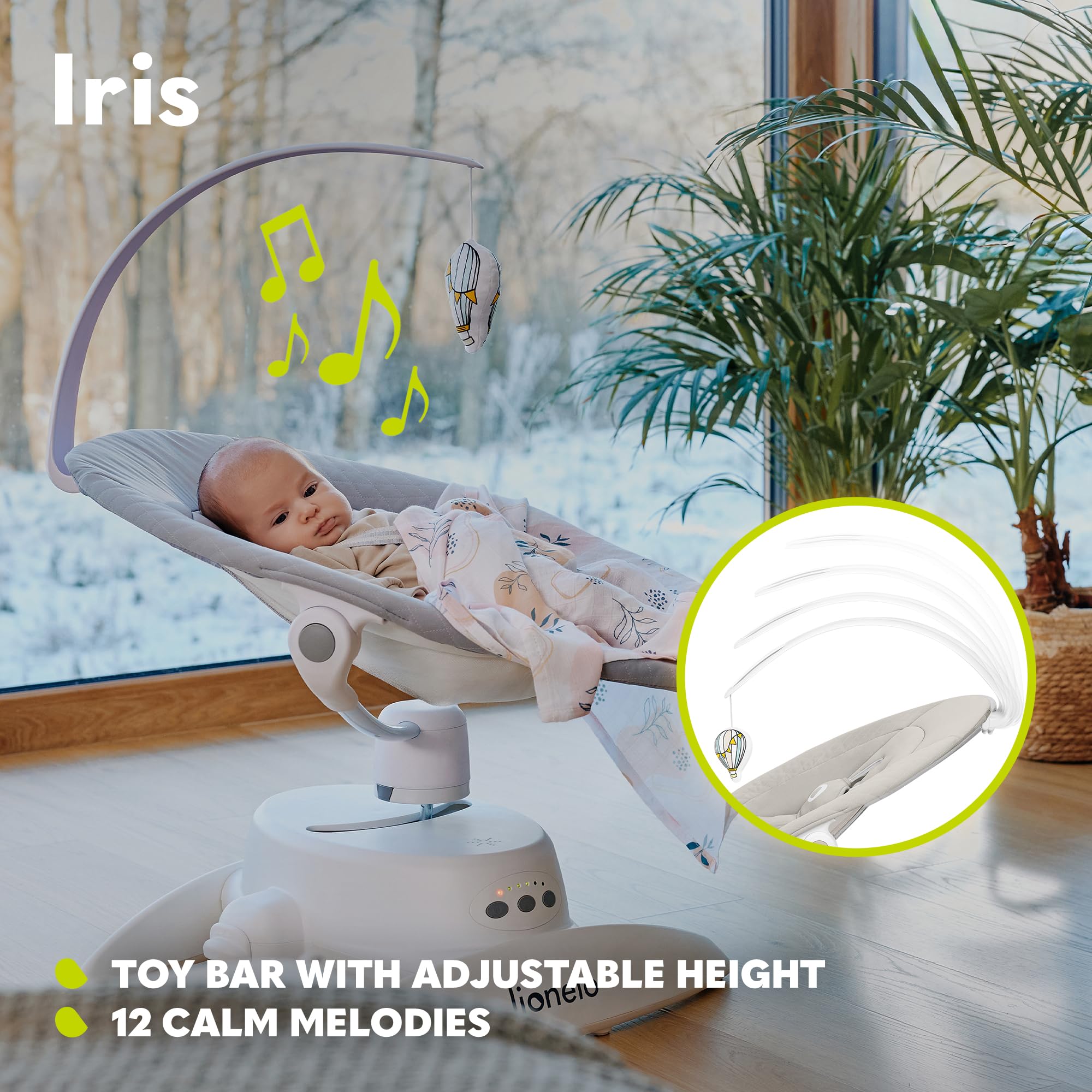 LIONELO Iris sdraietta neonati girevole su 360o per bambini fino a 9 kg Regolazione dello schienale, 5 velocità di oscillazione Cinture di sicurezza Antiscivolo, 12 Melodie Archetto con giocattolo