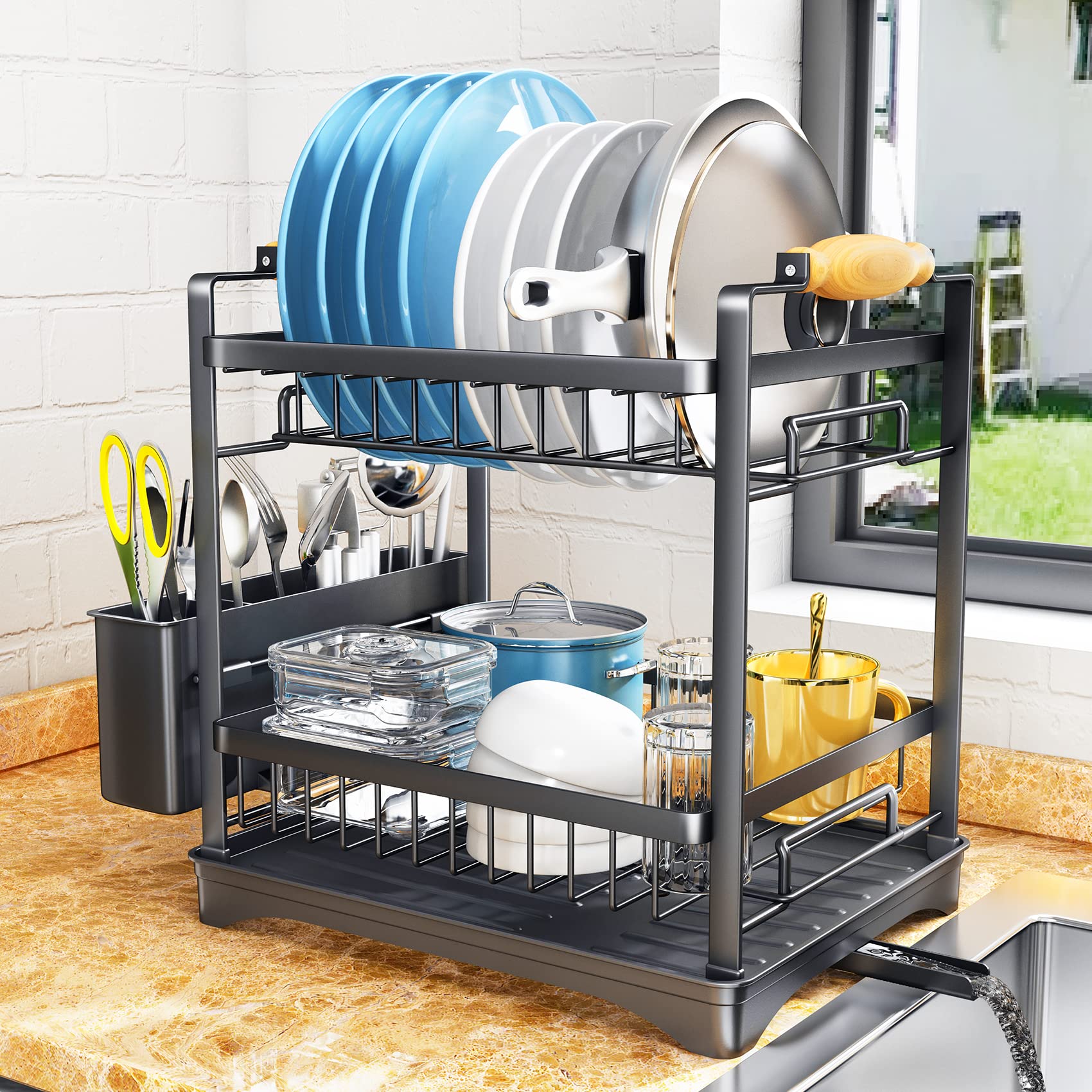 Buy Dish Drying Rack, SNTD 2Tier Dish Rack with Drainboard Auto Drain