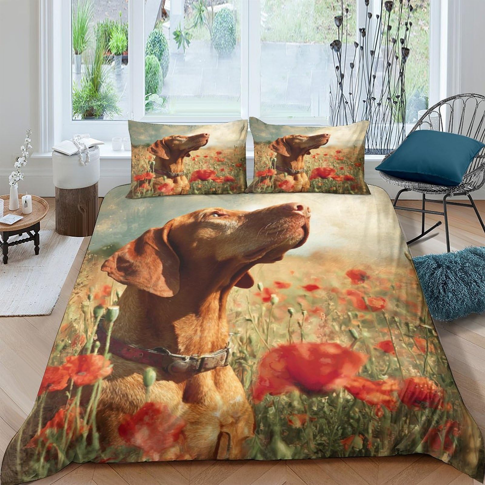 Ctjqhvkz Style-4 3D Printed Brown Dog In Poppy Field Fitted Sheet Microfiber Soft Breathable Wildflower Bed Cover For Bedroom Dorm Decor Single（135X200cm）