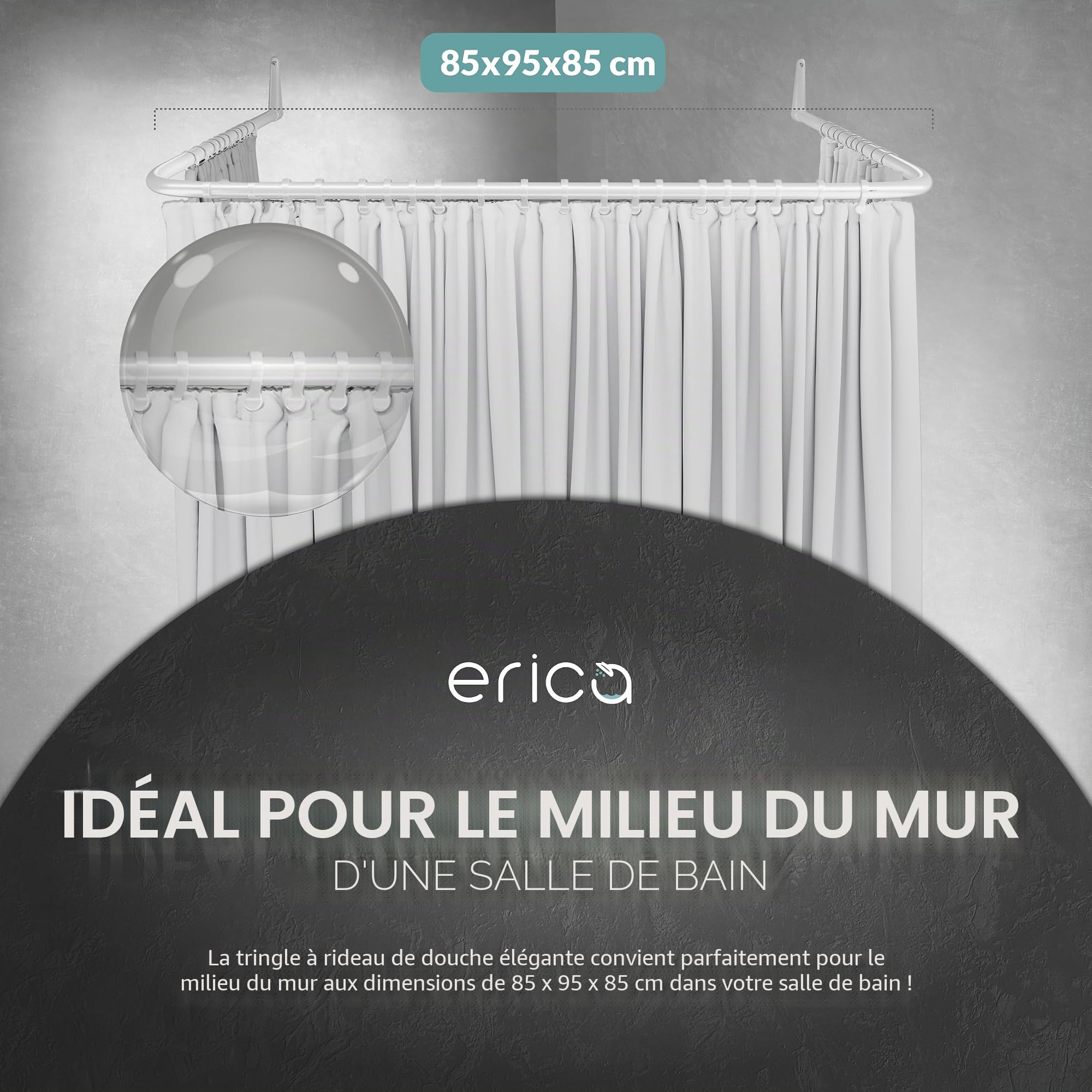 Erica Tringles de Rideau de Douche en U - 85x95x85 cm, Barre de Rideau de Douche Murale sans Fixation au Plafond - Revêtement Plastique sans PVC, Tringle de Douche 100% Inoxydable. Blanc.