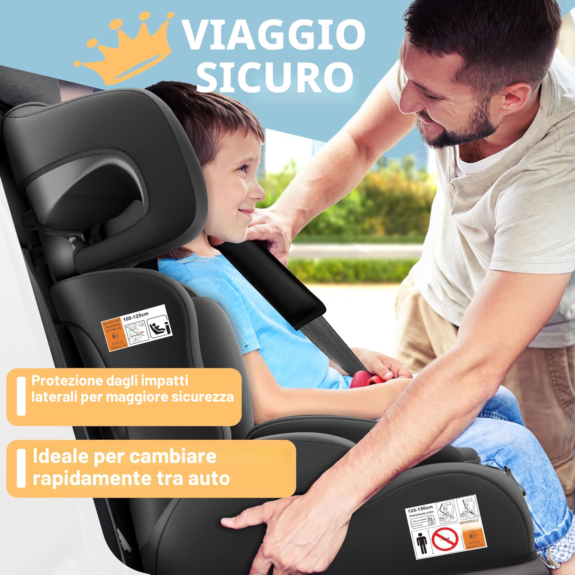 KIDIZ® Seggiolino auto i-Size R129, da 100 a 150 cm fino a 12 anni, gruppo 1/2/3, senza Isofix, seggiolino per bambini che cresce con il piede, cintura a 5 punti e poggiatesta regolabile in altezza