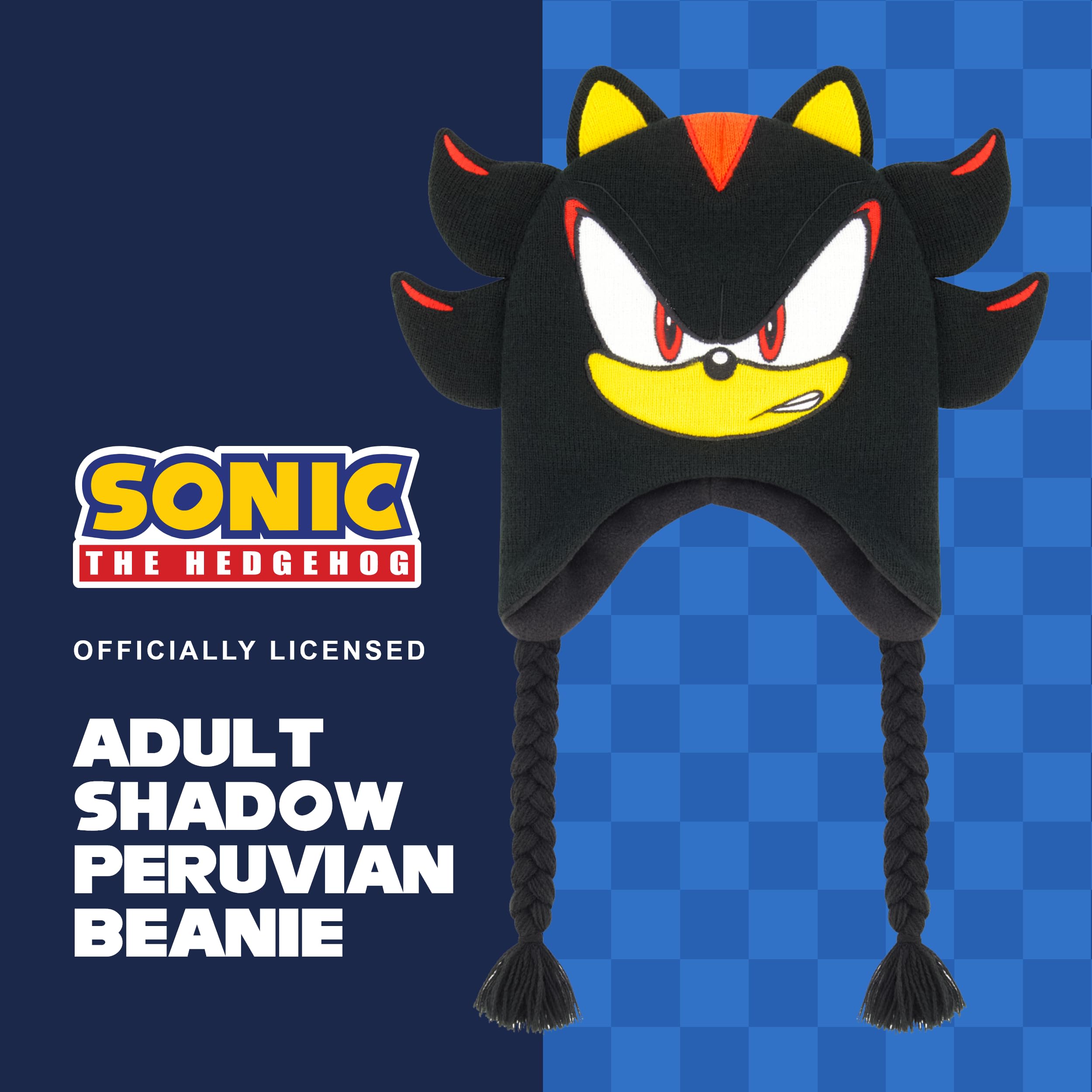 Shadow The Hedgehog czapka beanie, Sonic The Hedgehog Peruwiańska zimowa dzianinowa czapka z uszami 3D i frędzlami, czarna, jeden rozmiar, Czarny, rozmiar uniwersalny