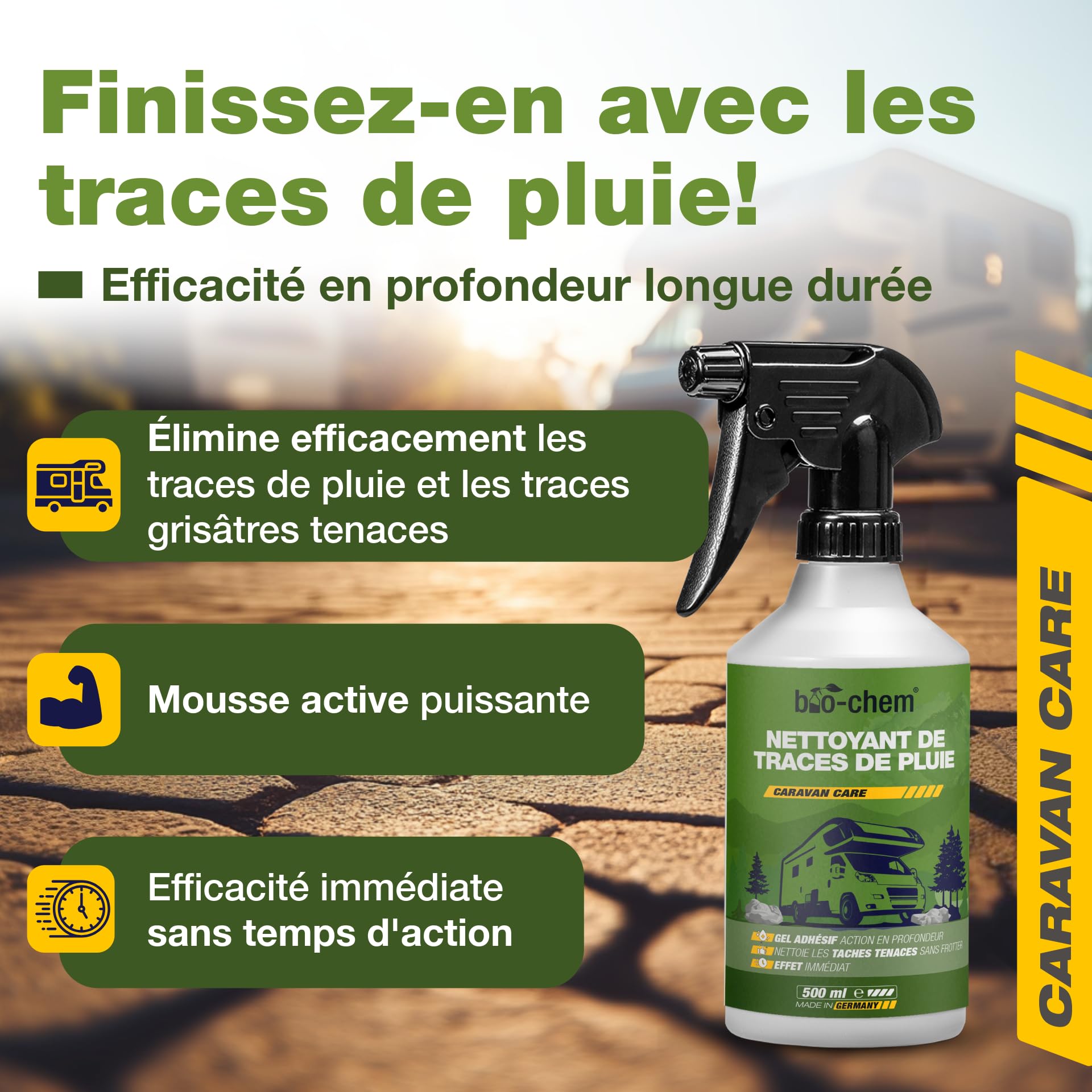Bio-Chem Nettoyant Anti Traces de Pluie 0,5L + Gant en Microfibres | Pare-Brise et vitres de Camping-Car, caravanes, Voiture - Produit vitre idéal pour Vos séjours en Camping Car