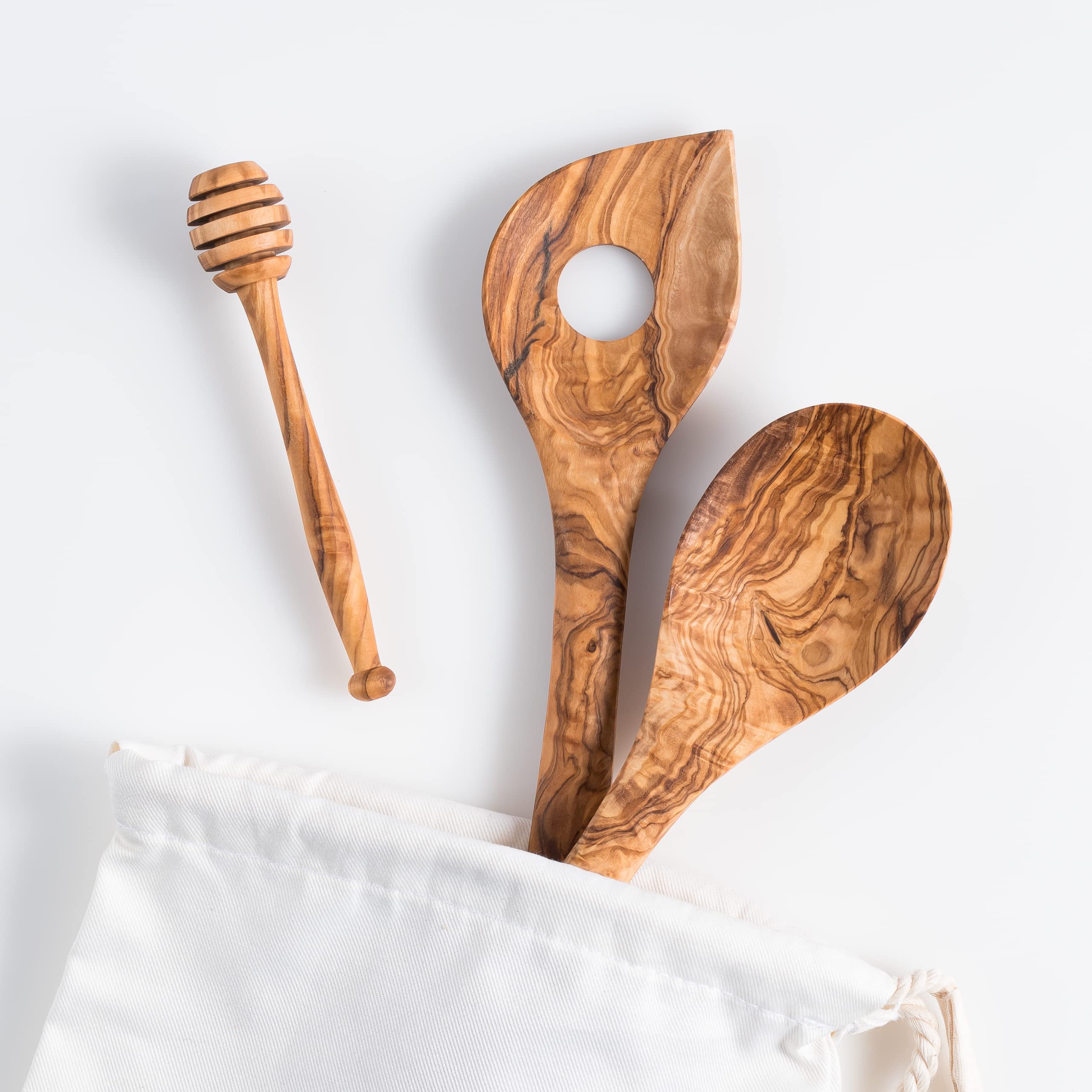 Set Di 4 Utensili Da Cucina In Legno D'Ulivo – Cucchiai E Spatola Curva 30 Cm – Fatto A Mano, Regalo Ecológico