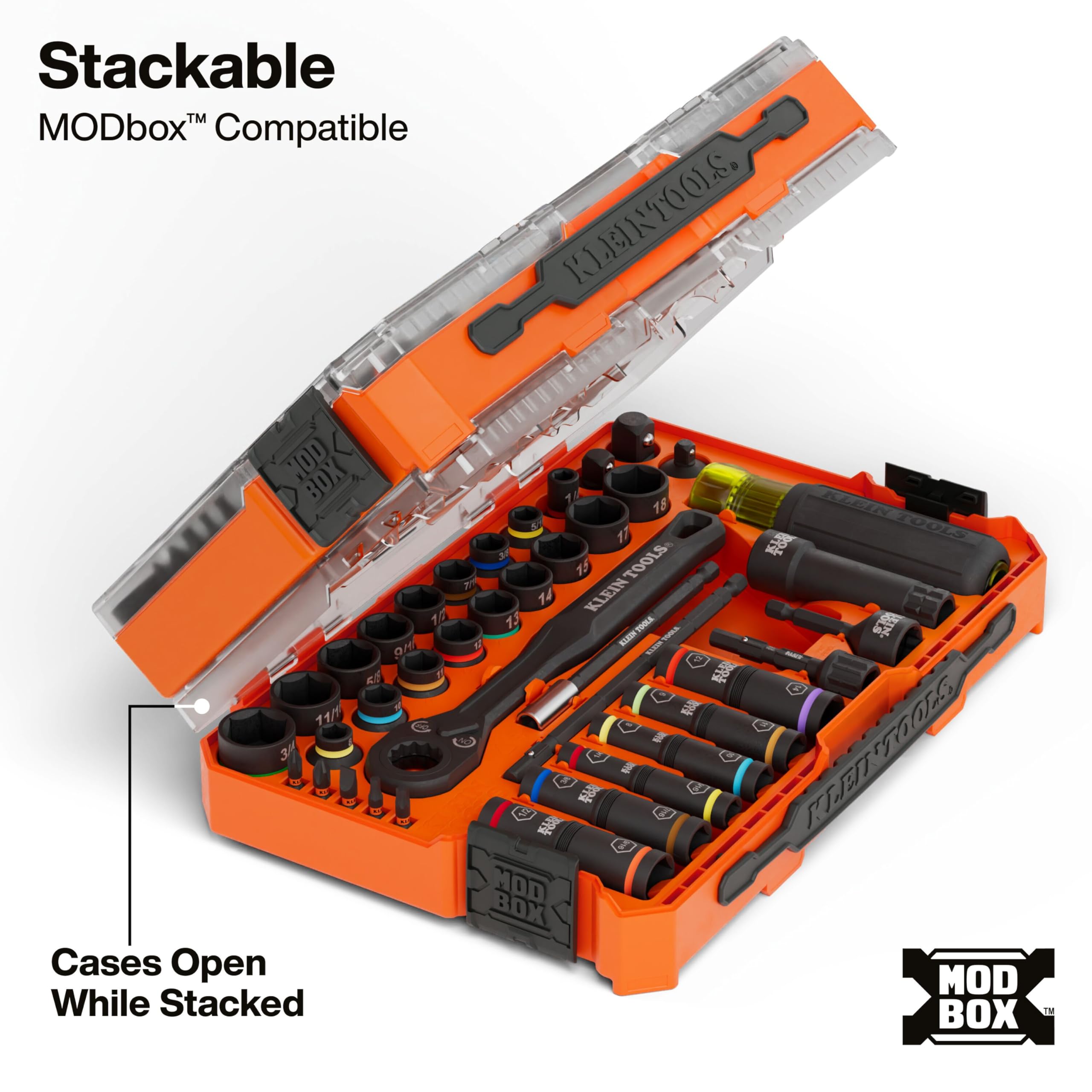 Klein Tools 65500KNECT KNECT Set completo di bussole a percussione e flip con cricchetto a 90 denti, custodia MODbox, SAE, metrica, impugnatura per cacciavite, punte, 39 pezzi