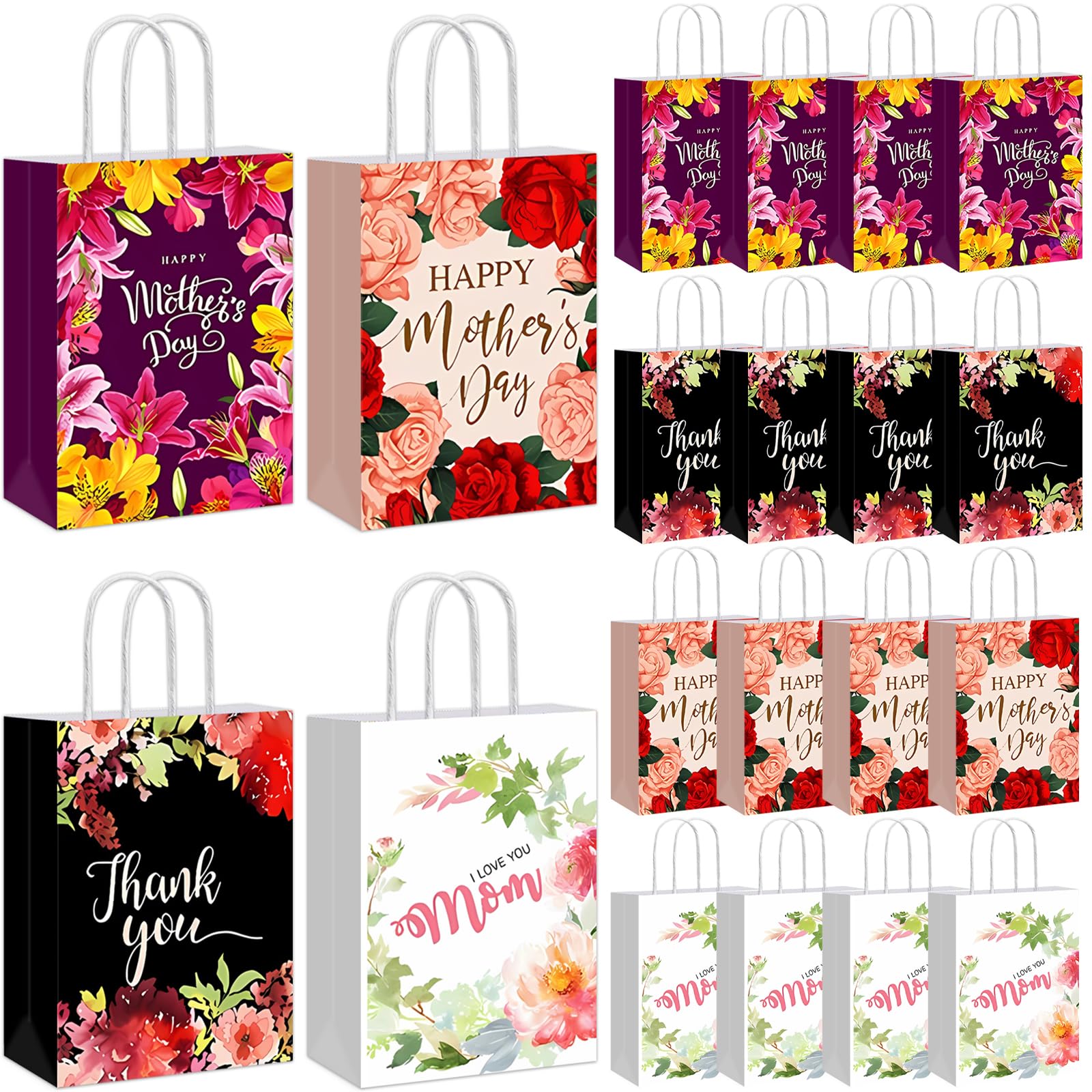 HABDJILTY 20Pcs Mothers Day Gift Bags Happy Mother's Day Party Favor Large Paper Bags Thank You Mom Flowers Patterns Goodie Bag with Handle for Best Mom Birthday Party Supplies, 8.2 * 5.8 Inch