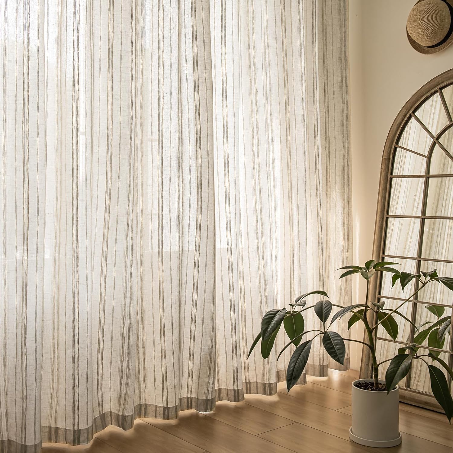 Linen Textured Striped Semi-Sheer Curtains for Living Room 84 inches Long 2 Panels Rod Pocket Boho Light Filtering Window Drapes for Bedroom Dining