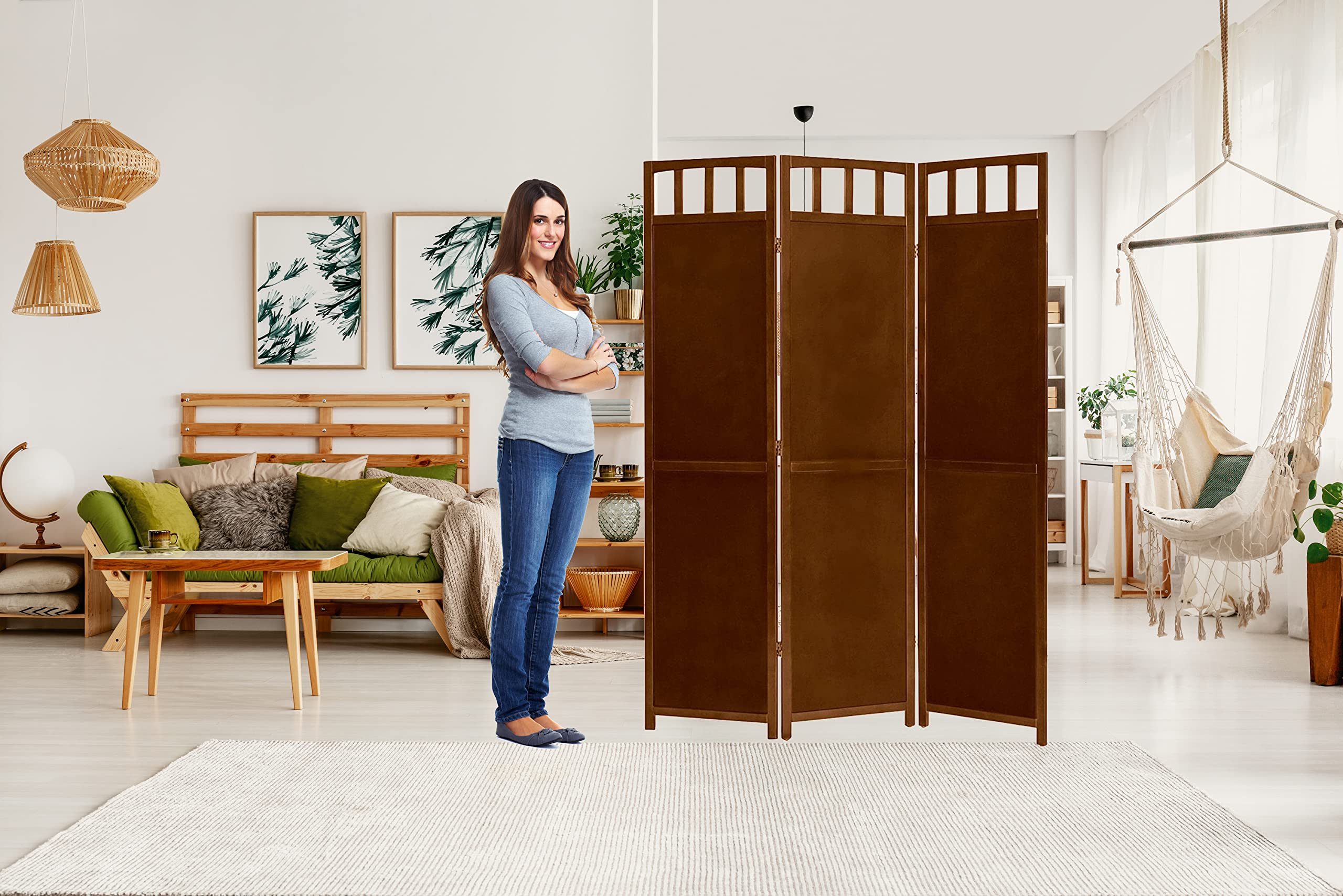 Legacy Decor 3 Panels Solid Wood Privacy Screen Room Divider Walnut Finish 5.8 ft Tall 4.2 ft Wide