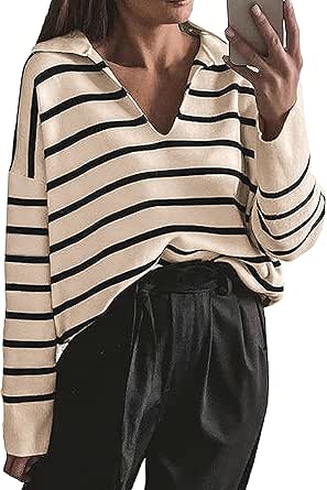 CFLONGE Women's Winter Casual Striped Long Sleeve Polo V Neck Pullover Sweater Loose Fit Drop Shoulder Knitted Shirts Tops