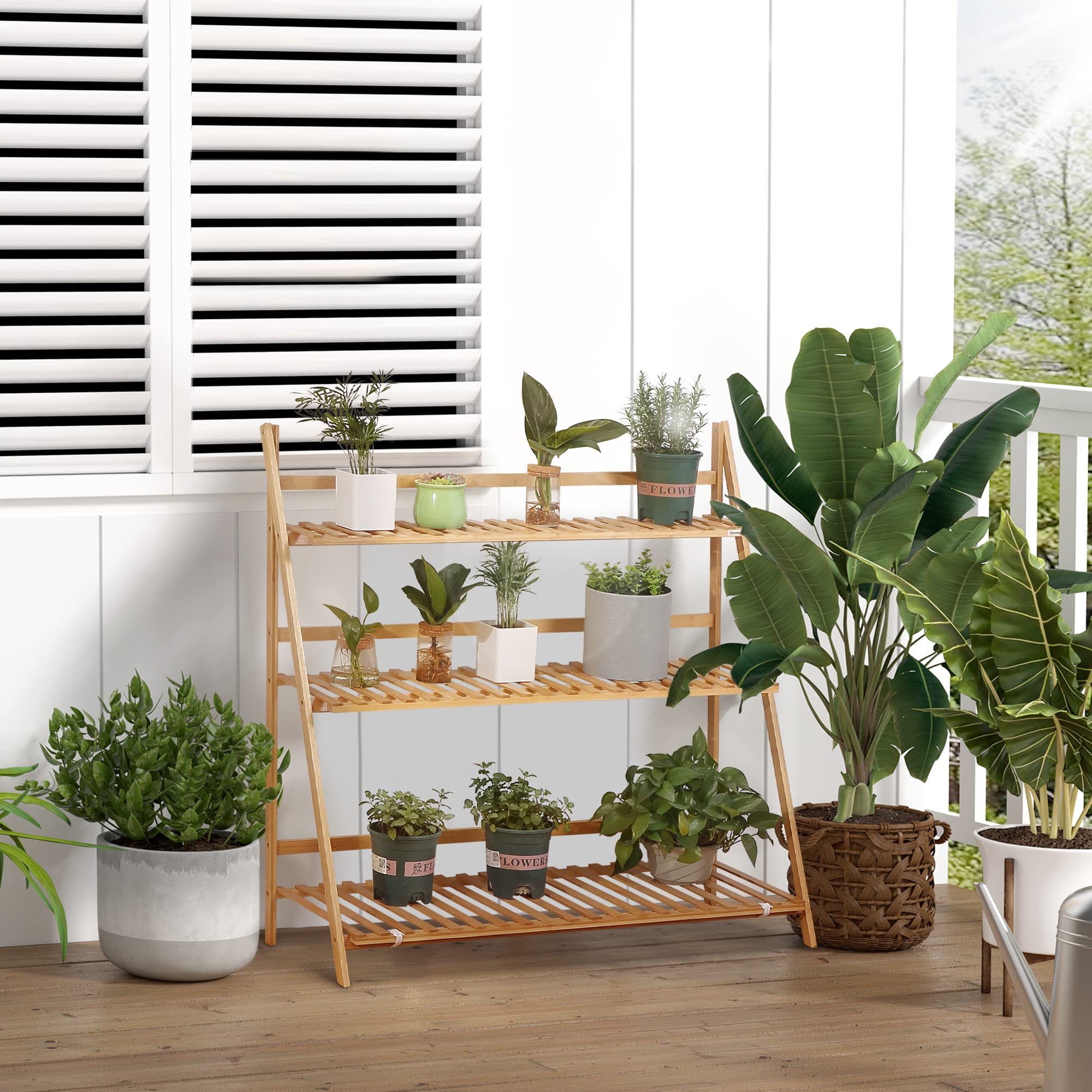 Outsunny Estantería para Plantas 3 Niveles Plegable 100x39x97 cm Natural | Bambú, Soporte para Flores, Estantería para Macetas, para Interiores y Exteriores
