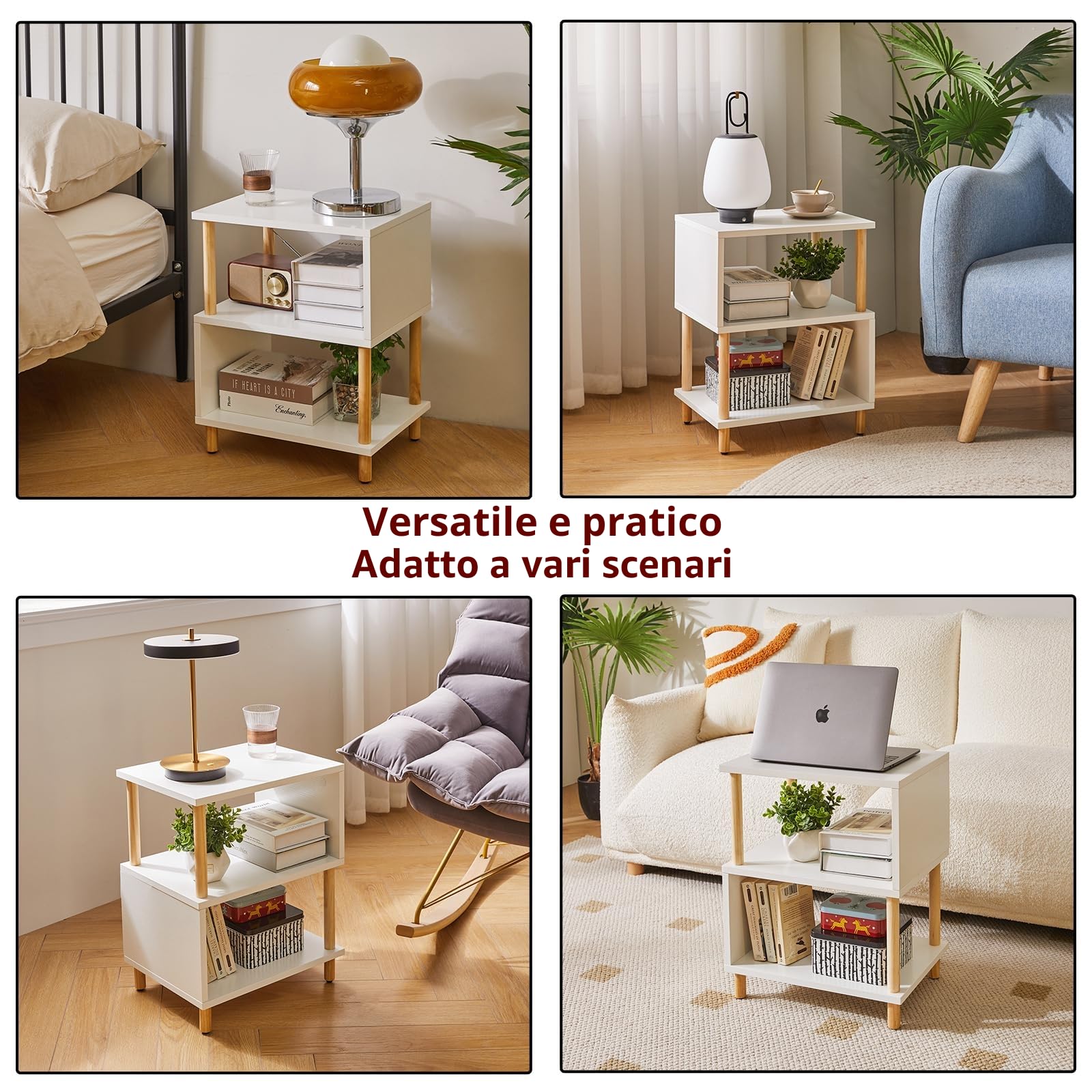 Aibiju Tavolino Bianco, Tavolino Piccolo, Comodino Moderno con contenitore per Camera da Letto/Soggiorno/Corridoio/Ufficio, Bianco+Gambe in Legno Naturale, YD-TM152W