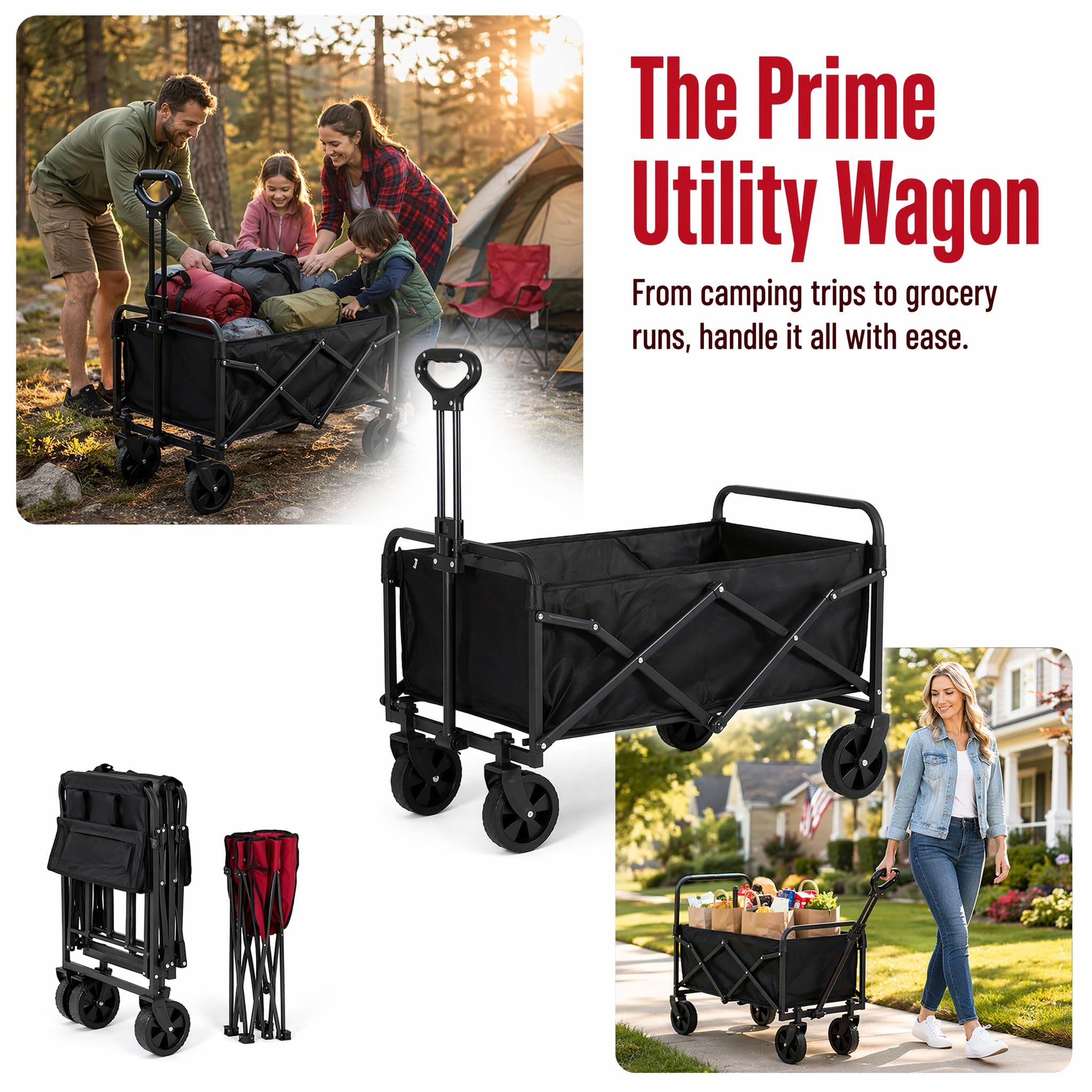 Carro de Plegable 100 l, Carga hasta 150 kg, Carro de Mano Plegable de Acero y Tela Oxford, Carreta de Transporte con Mango Ajustable, para Camping, Picnic, Jardín y Compras, 70 x 46 x 47 cm