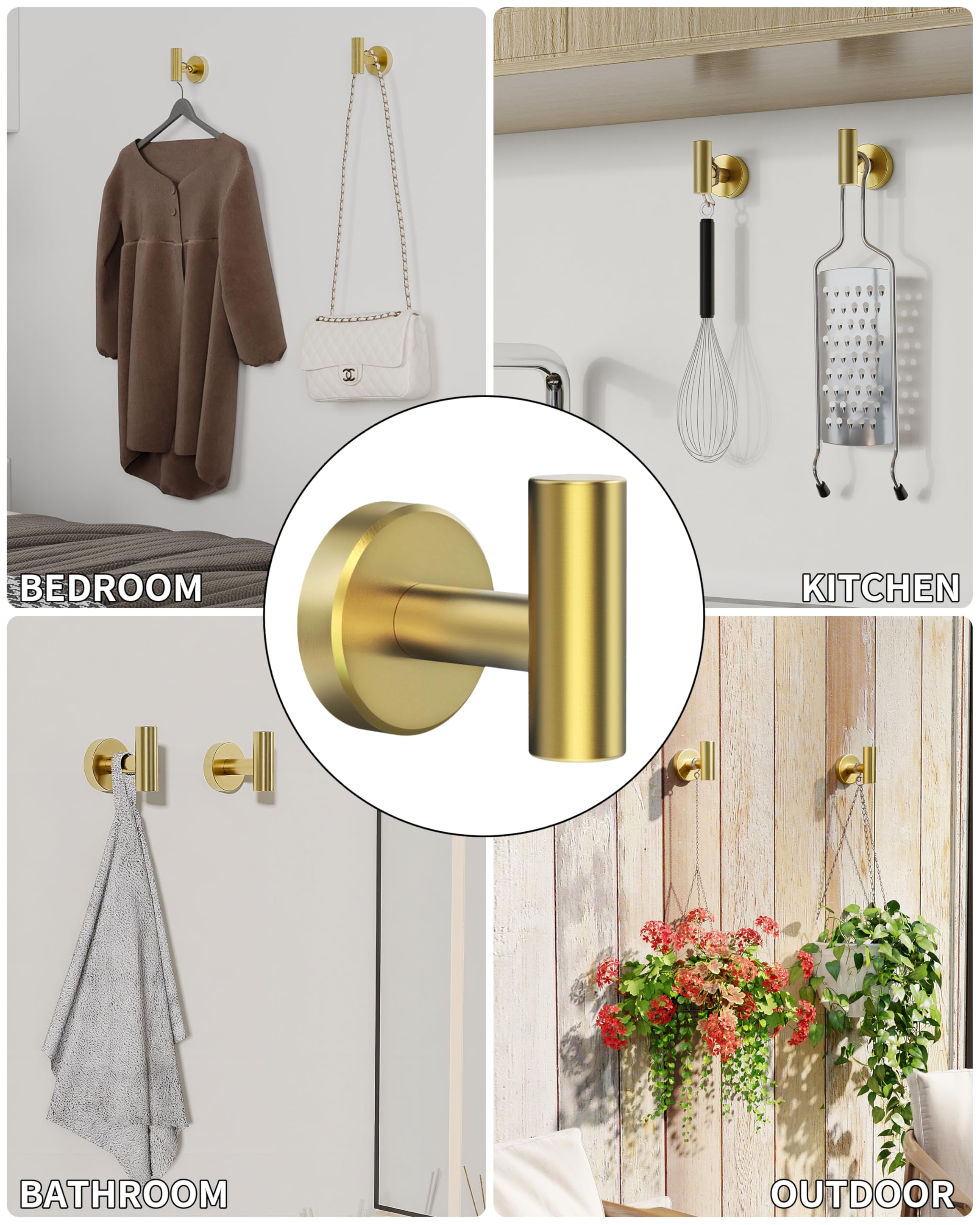 RARXTR Badezimmer-Handtuchhaken, Kleiderhaken für Küche, Garage, Wandmontage, 304 Edelstahl, robuster Türaufhänger, Schrank-Wandhaken für Hotel, Pool (gebürstetes Gold, 4 Stück)
