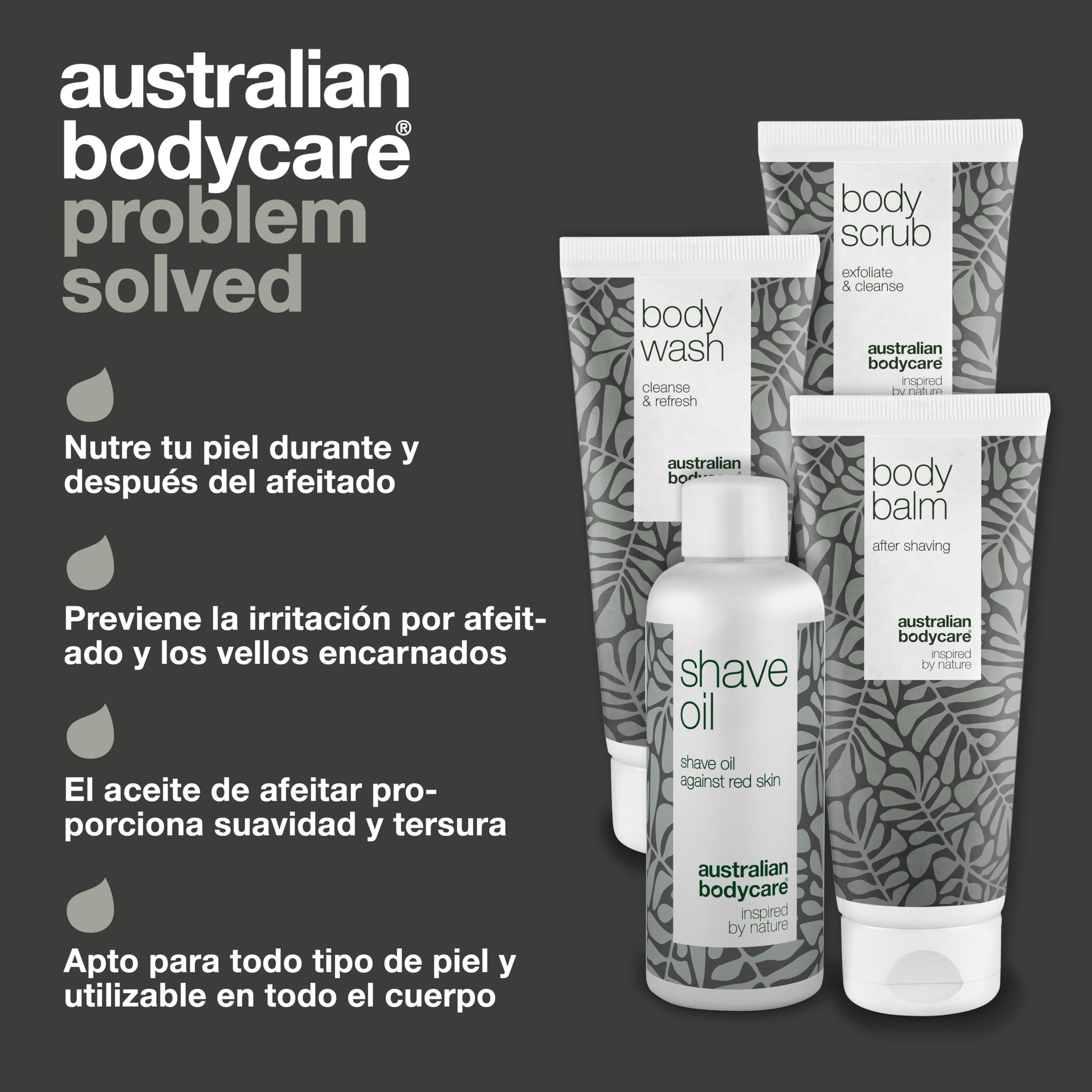 Kit de afeitado para todo el cuerpo - Set con gel de ducha, exfoliante, bálsamo y aceite de afeitado - Solución definitiva para un afeitado cómodo - Infundido con aceite de árbol de té