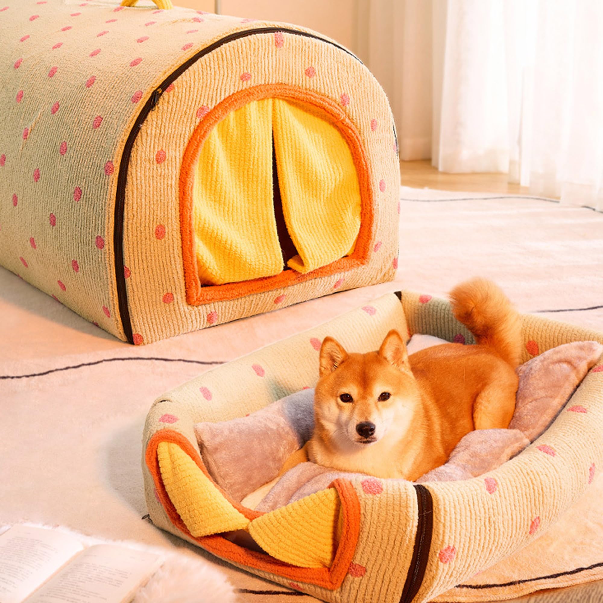 Großes Haustierhaus, gemütliche Hundehöhle mit Griff, rutschfestes Welpenzelt, Katzenhöhle, Bett mit warmem Kissen, faltbar, beruhigendes Haustierbett für große, mittelgroße und kleine Hunde (100 x 70