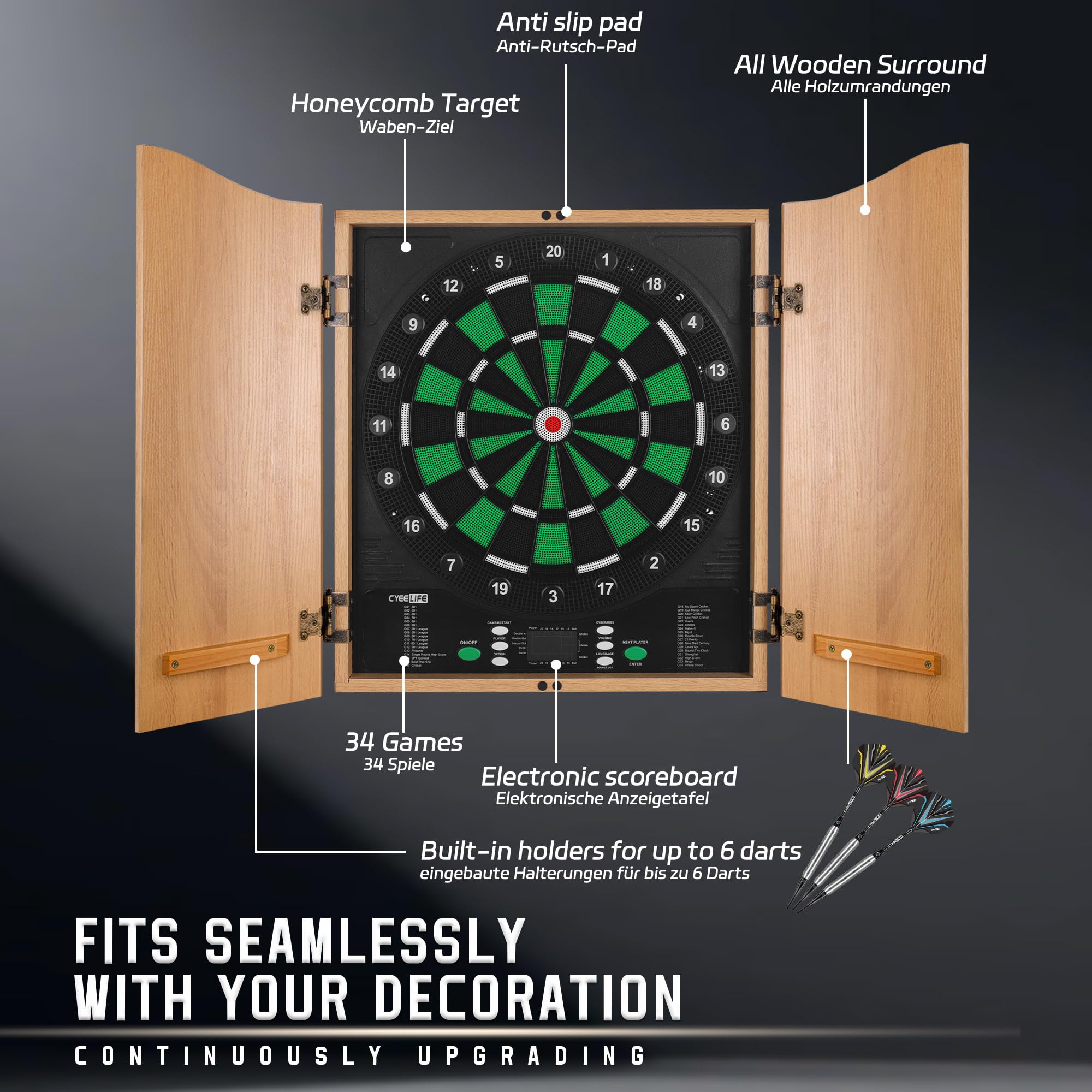 CyeeLife Bersaglio Elettronico per Freccette con Antine, Tavolo da Freccette con Computer, 12 Freccette Soft, 34 Giochi & 355 Varianti, 8 Giocatori