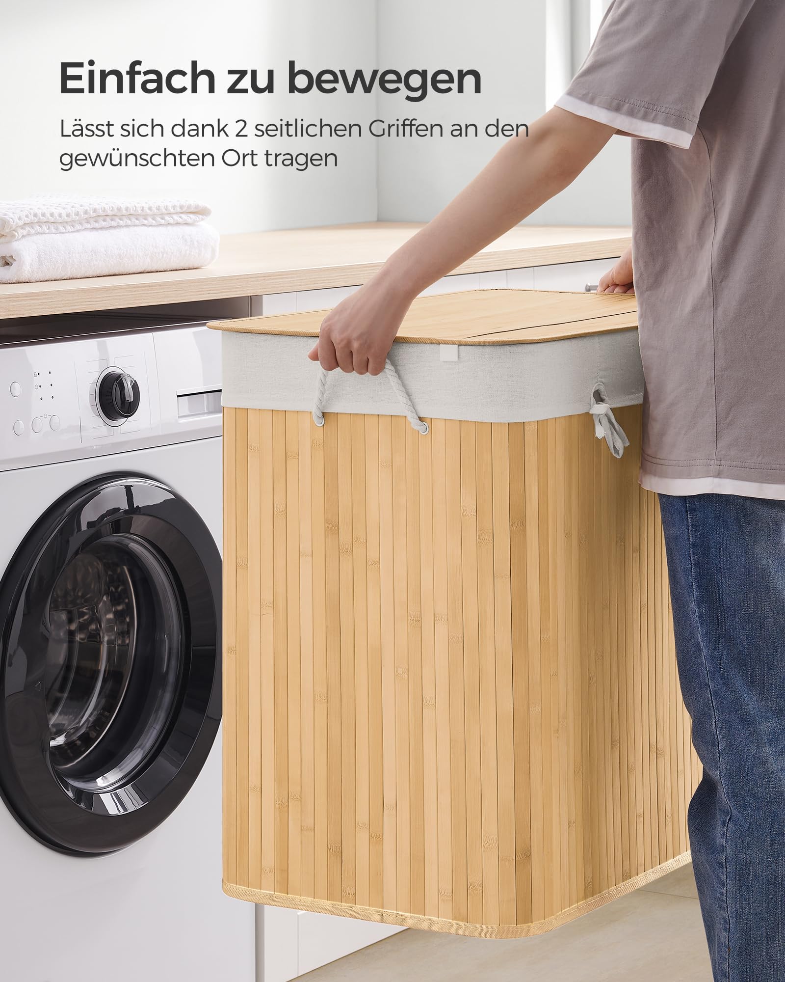 SONGMICS Wäschekorb 3 Fächer, 150 L Wäschesammler mit Deckel, Wäschebox Bambus, mit Griffen, faltbar, Wäschesack herausnehmbar maschinenwaschbar, Waschküche, naturfarben LCB091N01