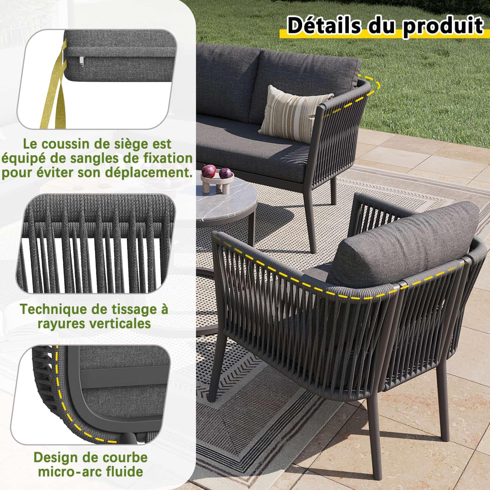 Salon de Jardin Exterieur Tissés 5-6 Personnes,Table Basse Gigogne Ronde avec 2 Petits Canapés 2 Places,2 Fauteuils Relax,Coussins Amovible Lavable,pour Terrasse,Balcon (Gris)