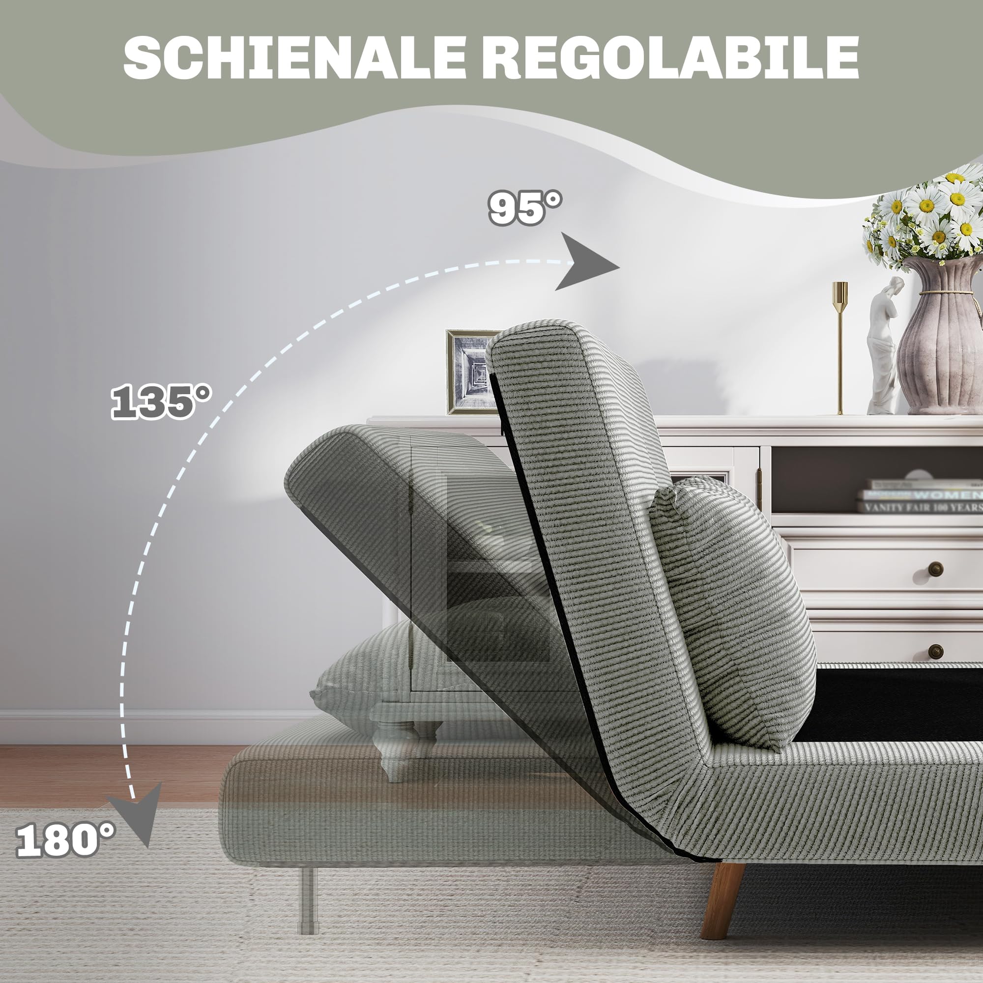 HOMCOM Divano Letto Matrimoniale con Schienale Regolabile in 3 Posizioni e 2 Cuscini, Divano Letto Clic Clac in Tessuto Effetto Lino Grigio