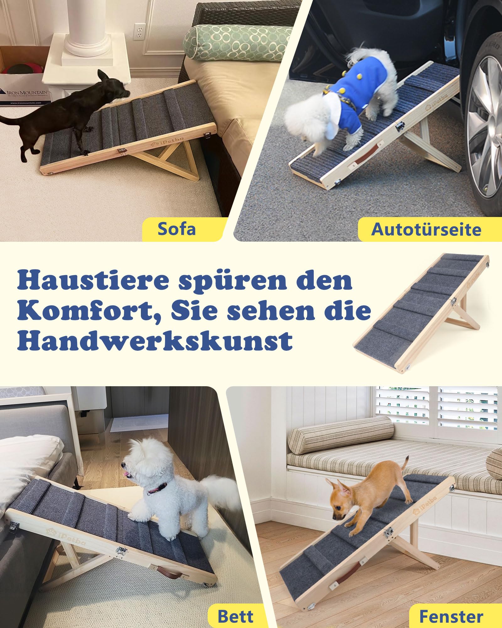 Hunderampe für Sofa und kleine Hunde bis 16 kg, Rampe für Couch und niedrige Möbel, aus Holz, höhenverstellbar, klappbar, rutschfest